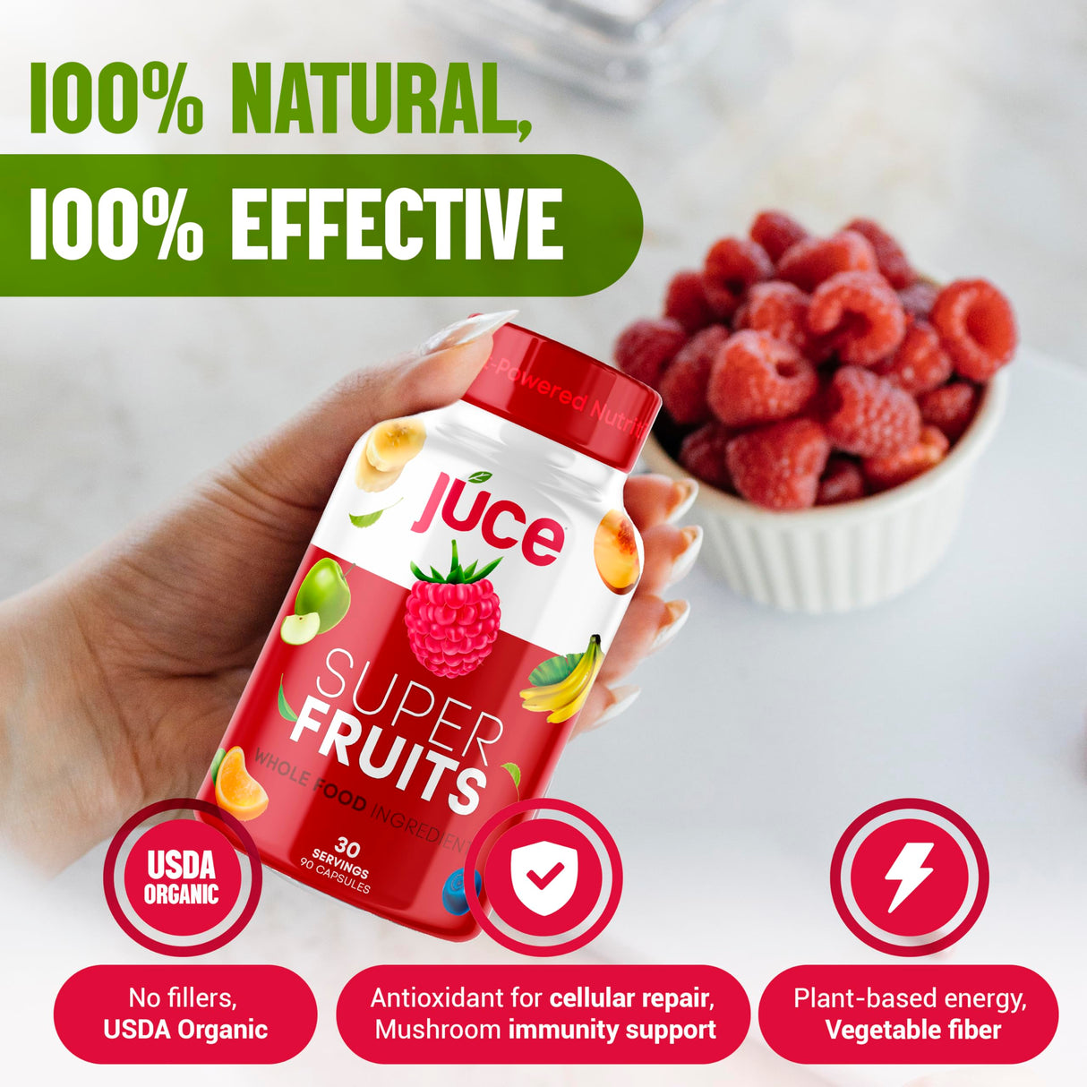 Juce Original Formula - Organic Super Fruit & Veggies Supplement - Gluten/Gelatin Free, Soy Free & Vegan- Reds & Greens Superfood Capsules- 23 Fruits & 23 Vegetables (180 Count)- By Terra Kai Organics