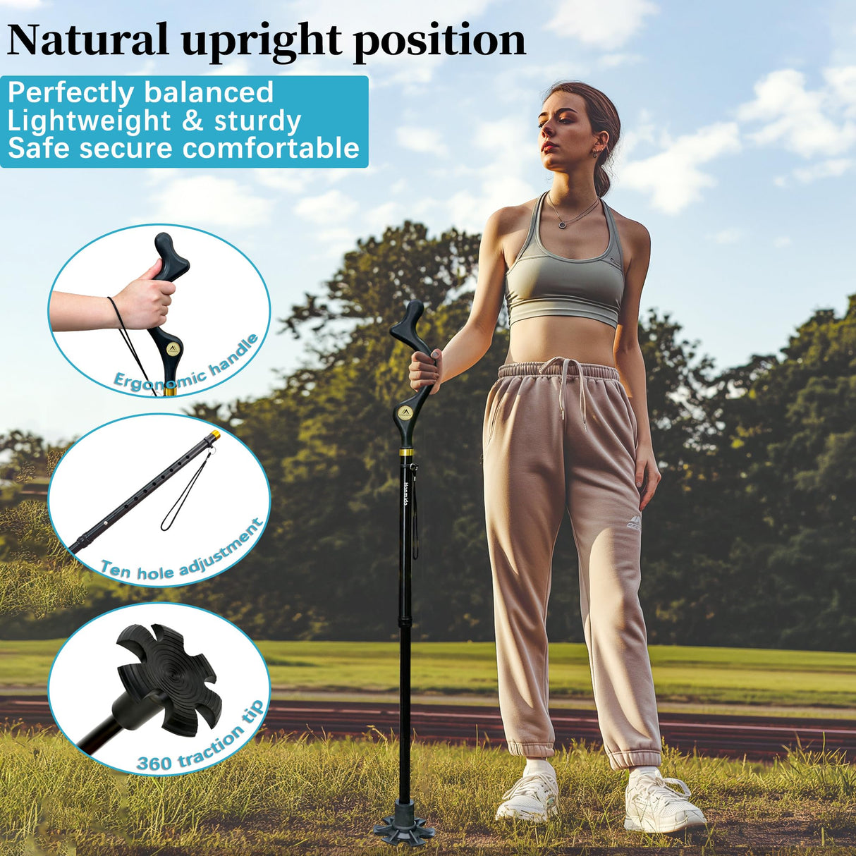 Honmido Walking Cane Foldable for Men & Women Seniors for Balance,Self Standing Folding Cane,Height Adjustable Anti-Slip Lightweight Alloy Walking Stick Collapsable for Travel Mobility Aid (Black)