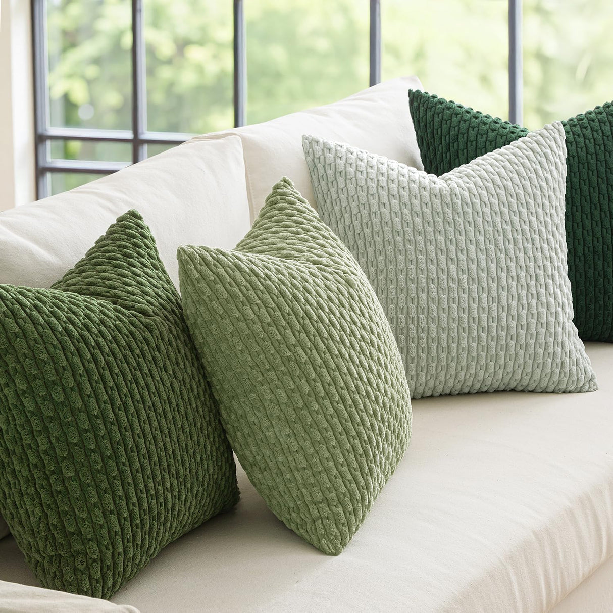 MIULEE Decorative Sage Green Christmas Throw Pillow Covers Soft Couch Set of 4 Boho Striped Cushion Covers Corduroy Pillowcases Farmhouse Home Decor for Couch Bed Sofa Room 18x18 Inch Forest Green