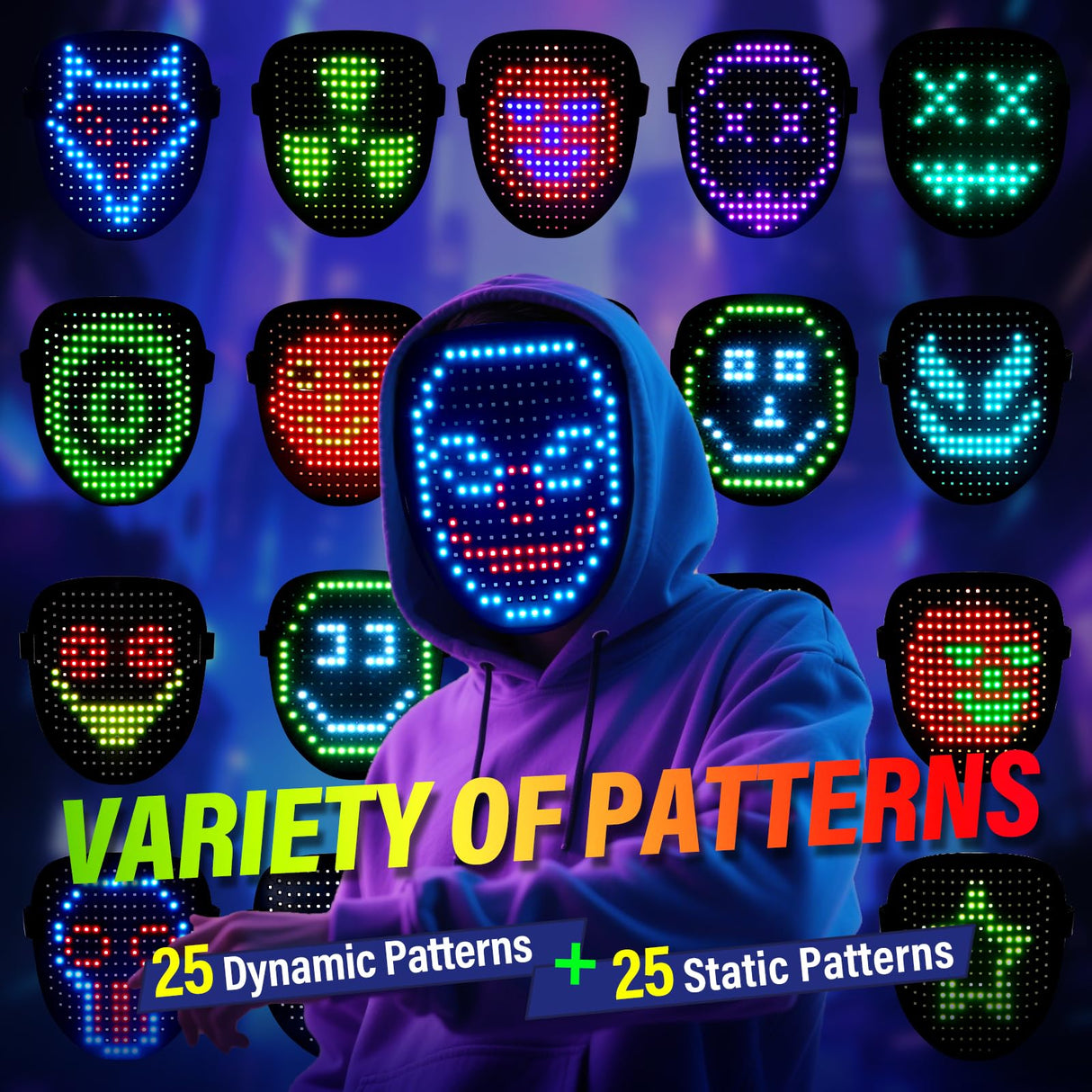 arscniek LED Face Mask with Gesture Control – Rechargeable Light Up Halloween Masks Costume for Adults & Kids, Glowing Transformable Cosplay Mask for Parties, Christmas, Concerts