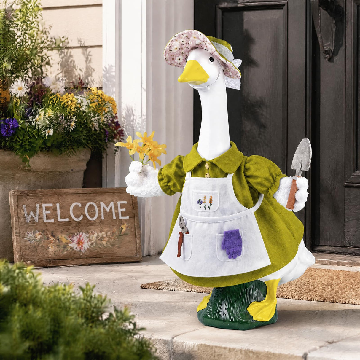 HALSHI Spring Gardener Porch Goose Outfit for 23 Inch Plastic Cement Goose Statue, Goose Outfit Clothes with Hat, Felt Tools & Flower for Outdoor Garden Yard Patio Art Decor
