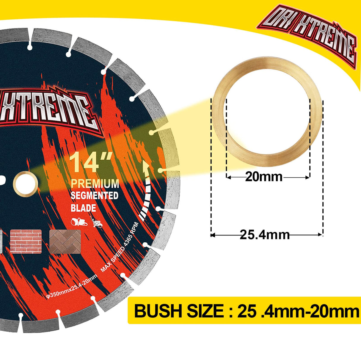 ORIXTREME 14 Inch Diamond Concrete Saw Blade, Segmented General Purpose Blade Dry/Wet Cutting Concrete, Reinforced Concrete, Masonry, Brick, Block,1"-20mm Arbor