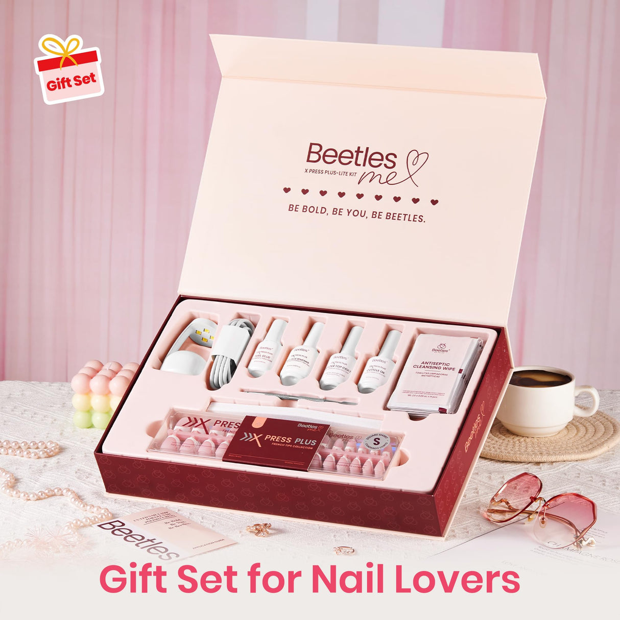 Beetles X Press Kit Gel Nail Kit, Short Square French Tip Press On Nails Kit with 150Pcs French Nail Tips Nail Glue & Remover Builder Top Coat Mini Nail Lamp All-in-One DIY Nail Kit Gift for Women