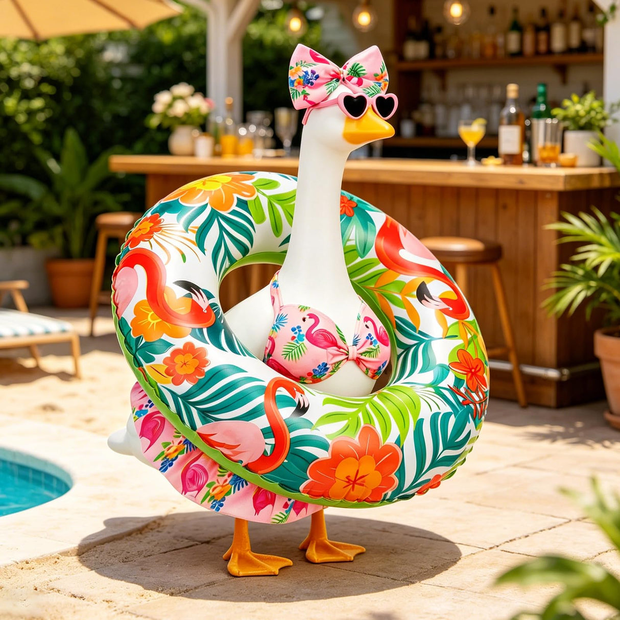 Ciyufavo 23 in Porch Goose Summer Outfit Bikini, Hawaiian Porch Goose Swimsuit Clothes Costume Accessories with Bow Glasses Swim Ring for 23" Summer Goose Garden Patio Statue Decor (Flamingos)