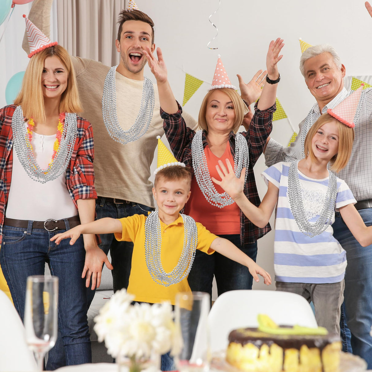 100PCS Bead Necklace, Silver Mardi Gras Beads Stuff Party Favors, Christmas 33" Toy Necklaces Costume, Festival Parade Throw Accessories for Wedding Birthday Celebrations Decoration