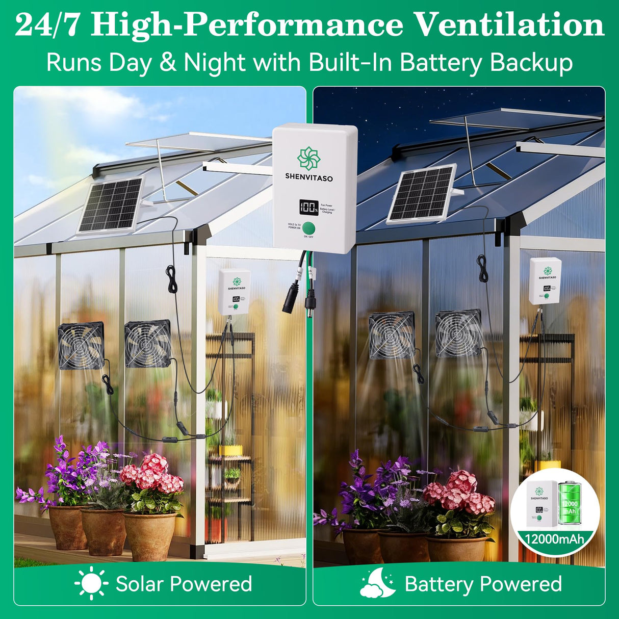 SHENVITASO Solar Powered Exhaust Fan with Battery, 25W Solar Panel Dual 5.5 Inch Fans, 450 CFM IPX7 Waterproof Solar Ventilation Fan Kit for Chicken Coop, Greenhouse, Shed, Garage, Dog House