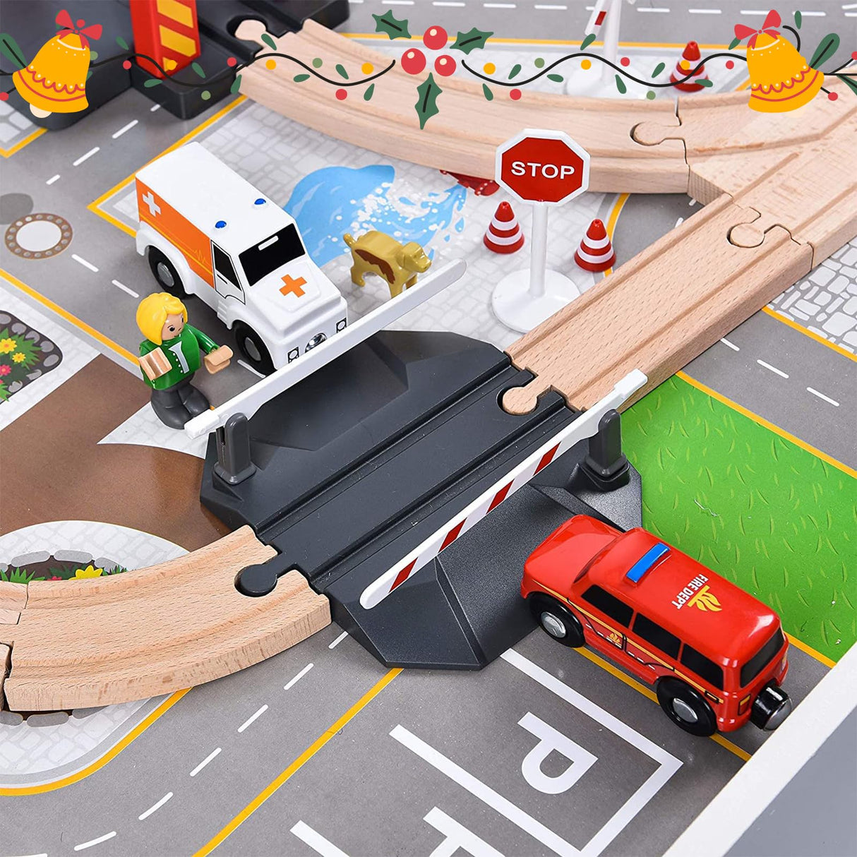 Giant bean 72PCS Fire Station Wooden Train Track Electric Train Set, Gift Packed Toy Railway Kits for Kids, Toddler Boys and Girls 3,4,5 Years Old and Up, Christmas Birthday Gift Toy for Kids