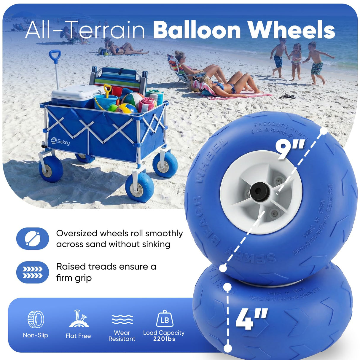 Sekey Heavy Duty Beach Wagon with 9" Big Sand-Proof Wheels – 600lb Capacity, 200L Oversized Foldable Cart | Adjustable Handle & All-Terrain Tires for Sand, Camping