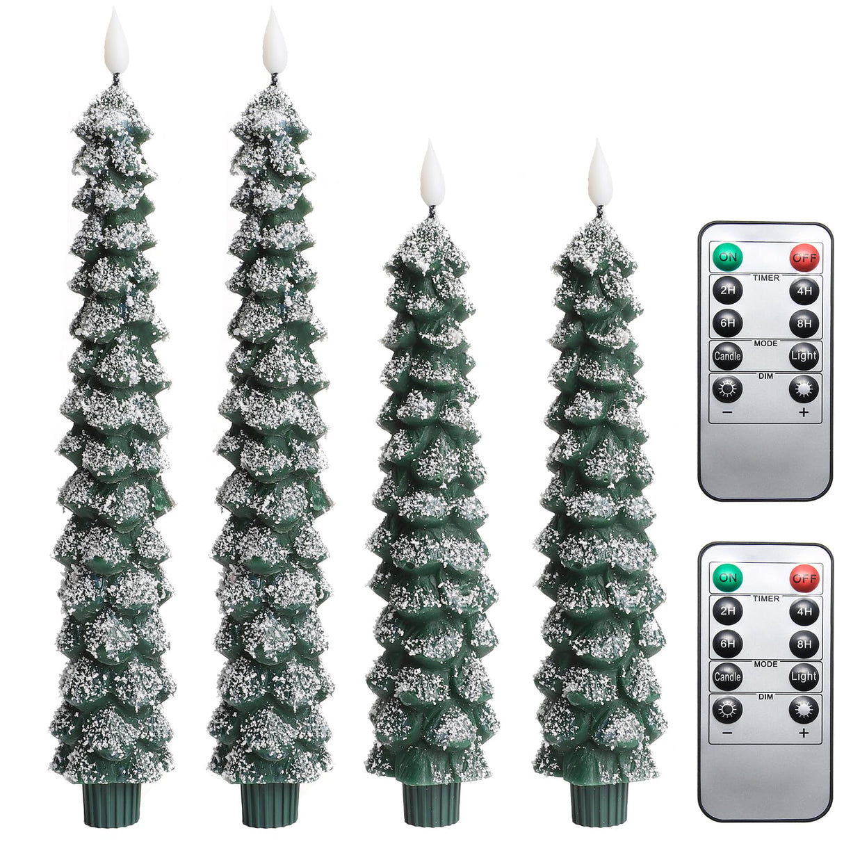 MUMCHASI 4 Pcs Flameless Taper Candles, Christmas Tree Candles with Remote, Battery Operated Candlesticks, Flickering LED Window Candlelights Real Wax Christmas Candlesticks H9.45,11.4”Green