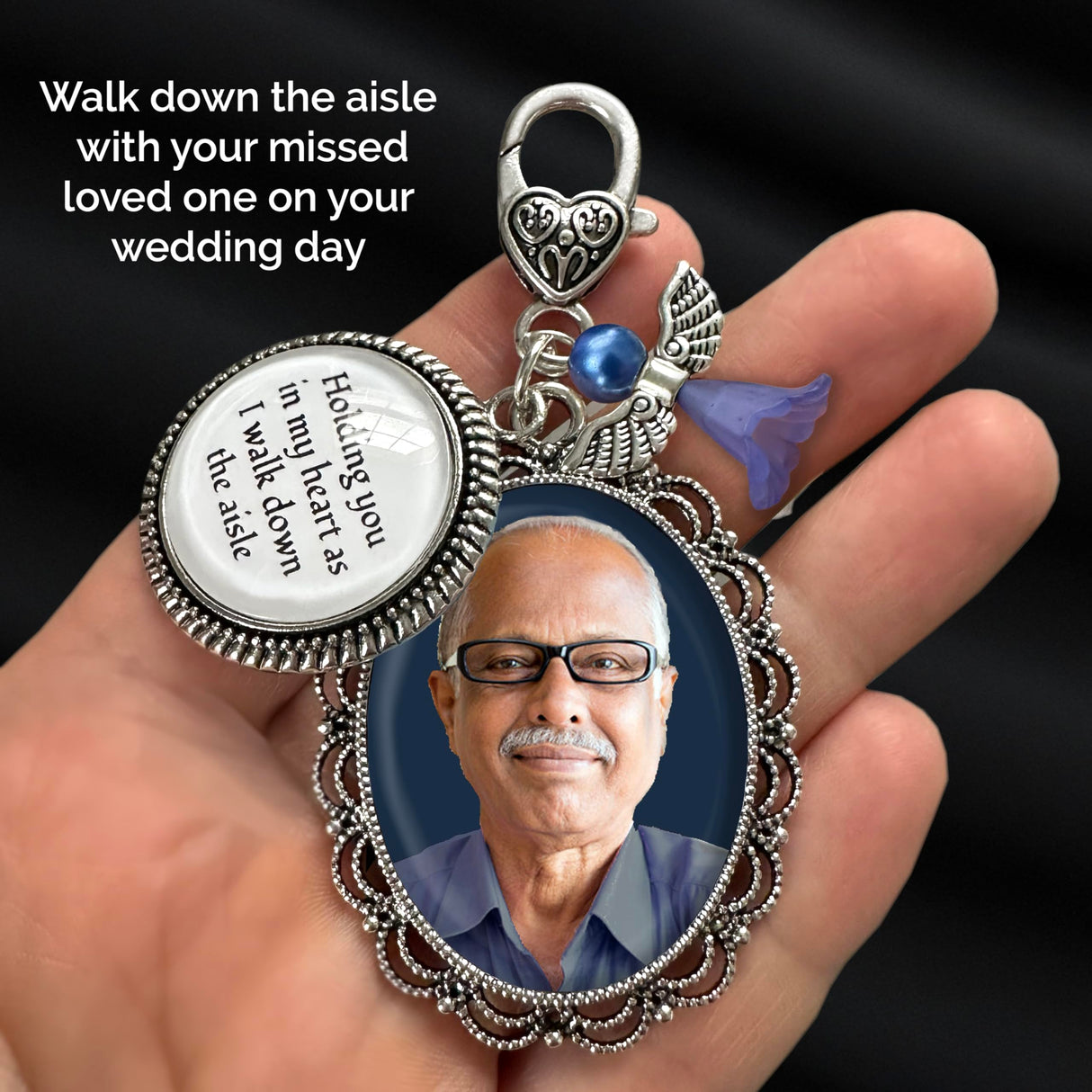 Something Blue Bouquet Charm for Wedding Memory Charm with DIY Photo Frame for Wedding Bouquet And Resizer