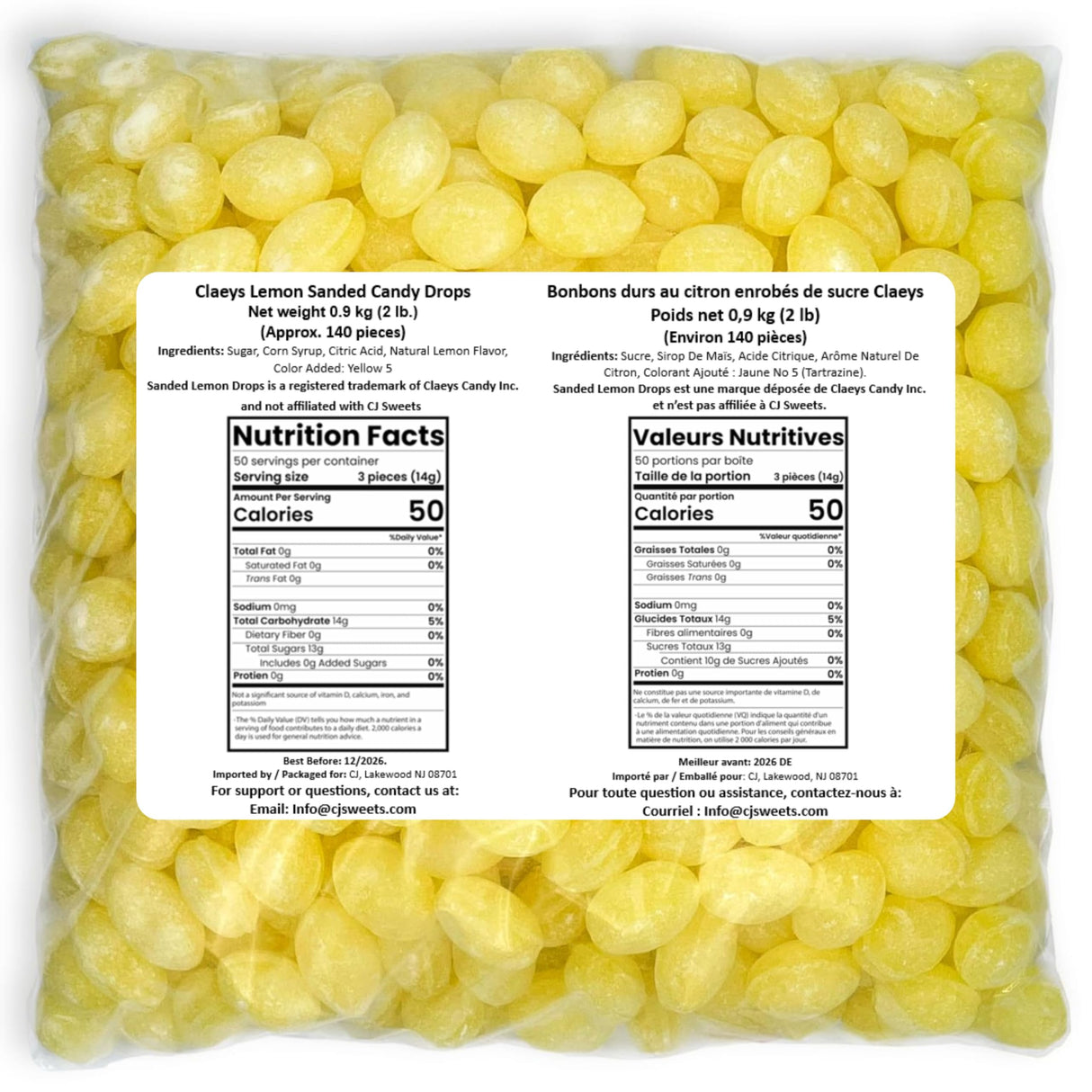 Claeys Sanded Lemon Drops Candy - Bulk Candy Lemon Drops Hard Candy - 2 Pounds - Christmas Candy – Ideal for Holidays, Sour Candy Lovers – Lemon Flavor