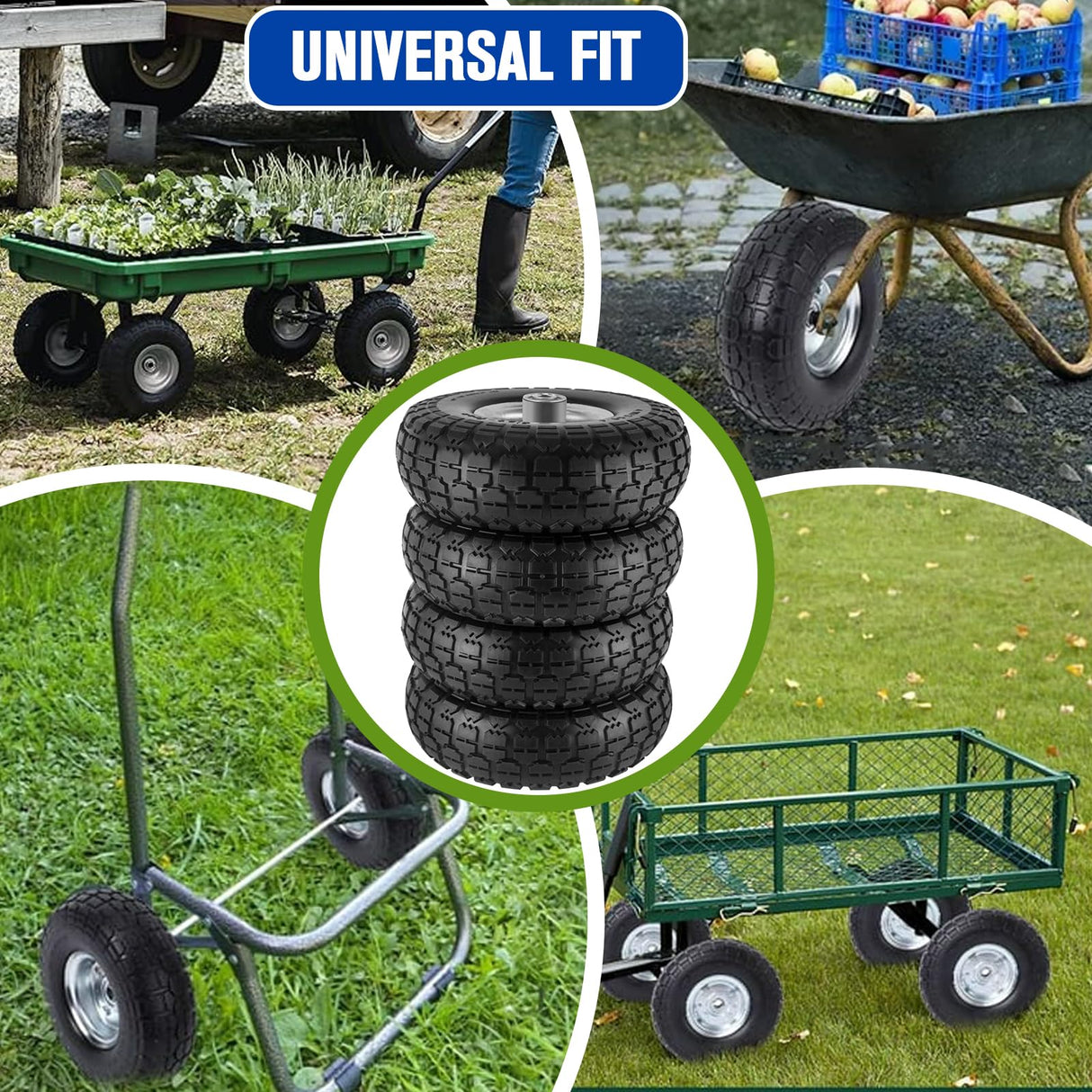 4 Pcs 4.10/3.50-4" Tire and Wheel Flat Free, 10 Inch Solid Rubber Tires with 5/8" Axle Bore Hole, 2.2" Offset Hub for Hand Truck, Wheelbarrow, Gorilla Cart, Garden Wagon Cart, Dolly, Utility Cart
