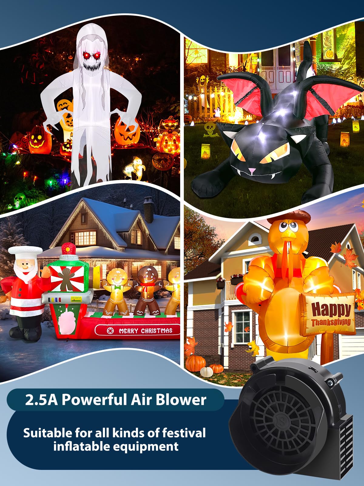 Lorvain 2.5A Replacement Air Blower for Inflatables, Replacement Inflatable Air Fan Blower with 10 White LED Lights & 12v/3A Adapter for Halloween Christmas Outdoor Inflatable Fan Blowers