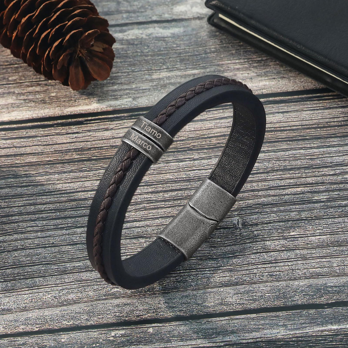 Personalized Custom Name Bracelets for Men - Mens Leather Bracelet with 2-5 Kids Names Customized Gifts for Dad Husband Son (2 names)