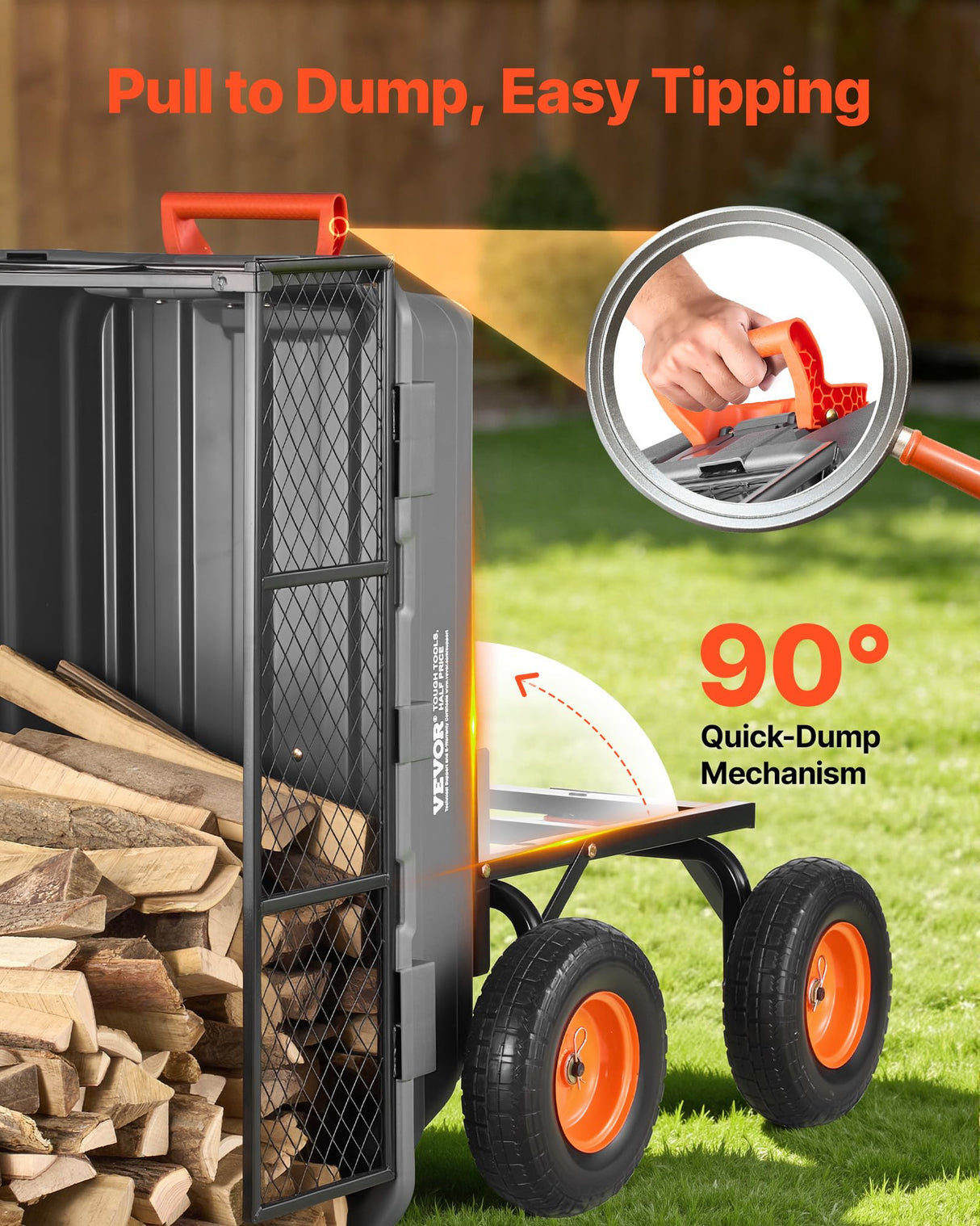 VEVOR 10 Cu.Ft 1200LBS Poly Garden Cart Dump Wagon, Heavy Duty Wheelbarrow with Convertible Handle and 13" Flat Free Tires, Outdoor Yard Wagon ATV Trailer Dump Cart Tow Behind for Lawn Mower Tractor