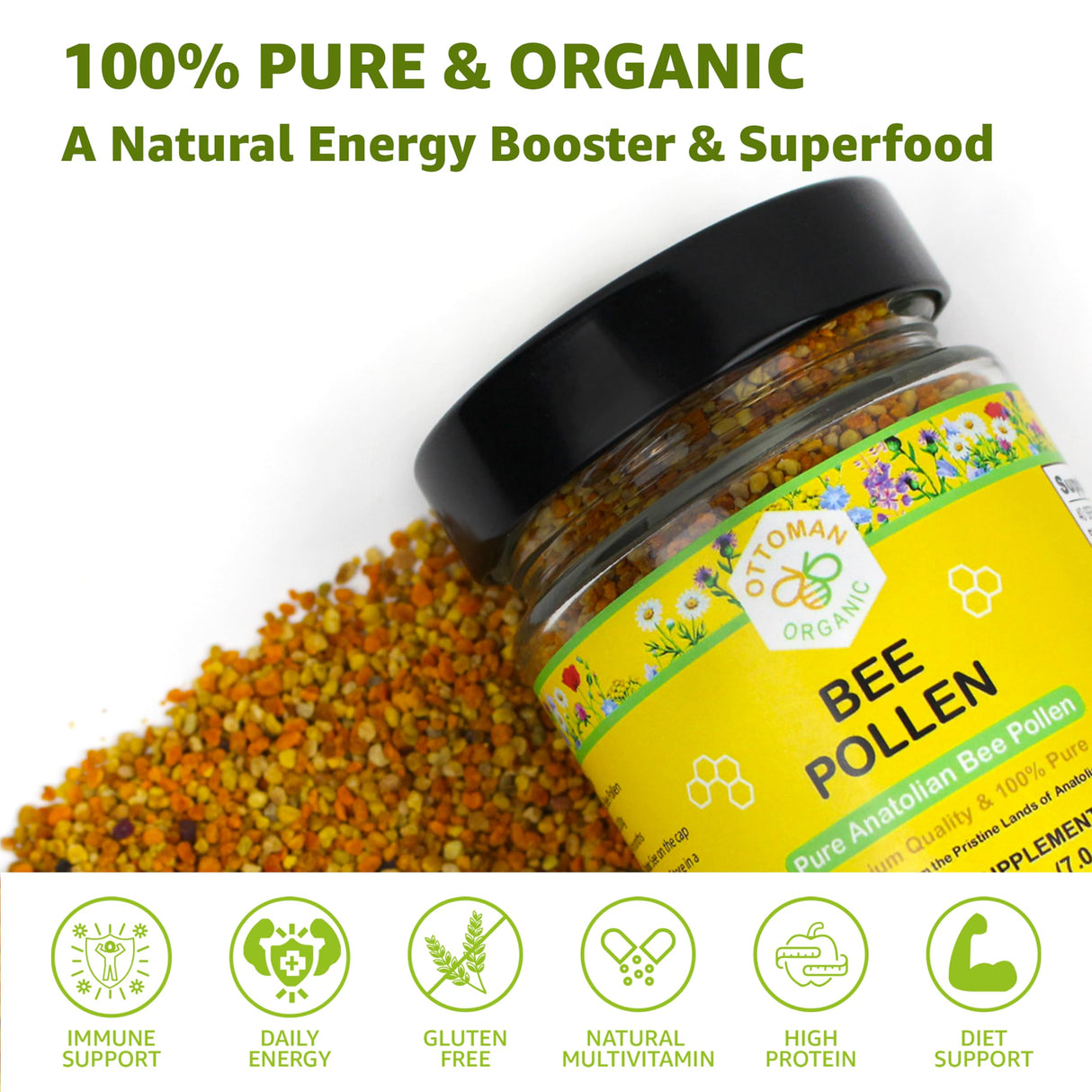 Organic Bee Pollen - USDA & EU Organic Certified, Halal, ISO 22000 & GMP | 100% Pure Superfood for Immune Support, Rich in Vitamins & Minerals | Non-GMO, Additive-Free | 200g (7.05 oz)