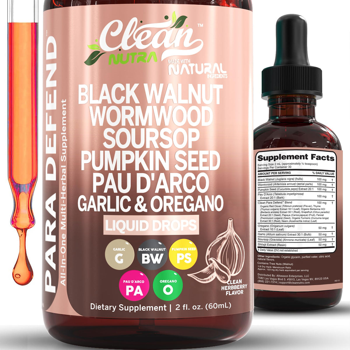 para Defend Wormwood Black Walnut Digestive Support Drops Liquid Soursop Garlic Pumpkin Seed PAU D'Arco Oil of Oregano Turmeric Berberine Neem Extract Hull Bark Tincture by Clean Nutra
