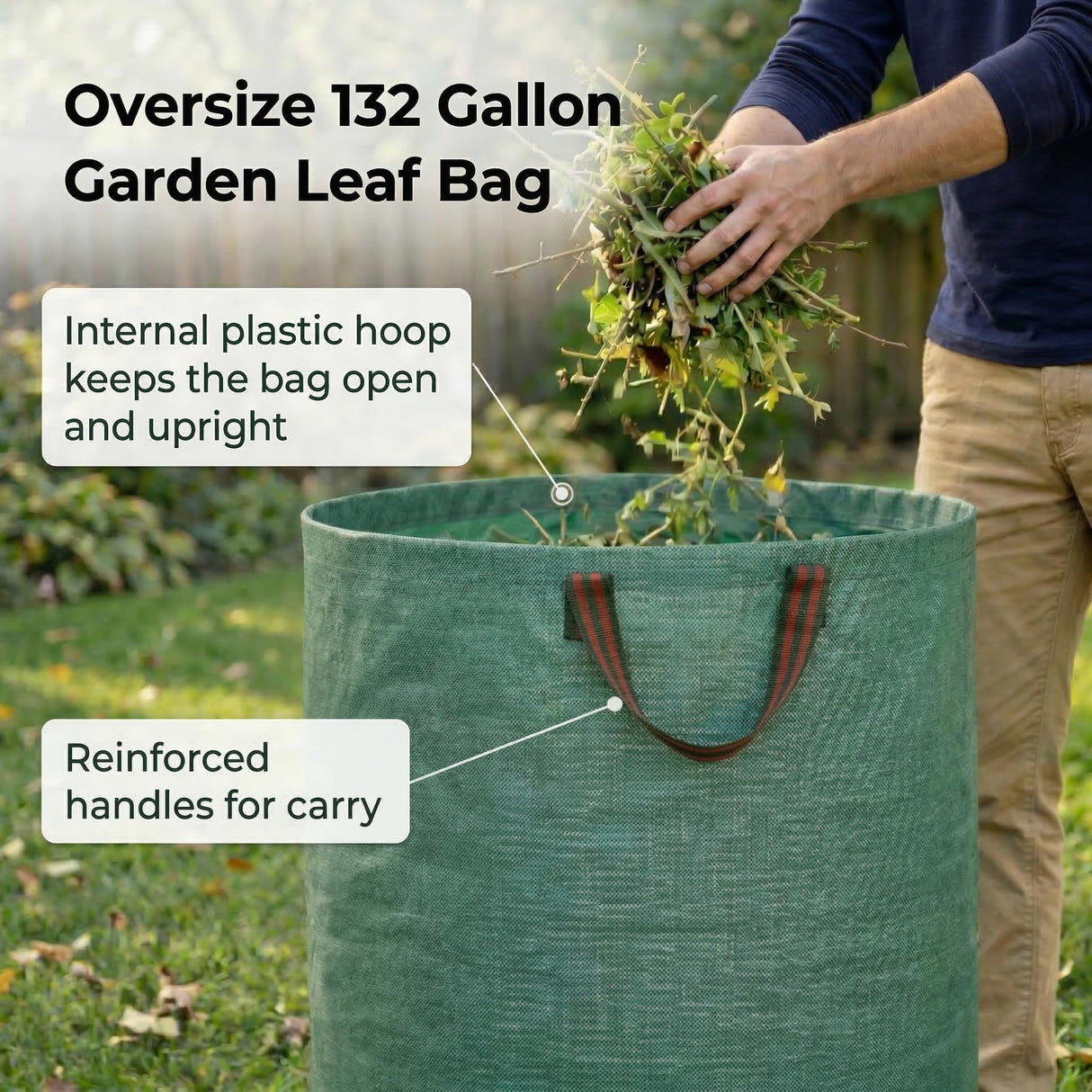Gardzen 2-Pack 132 Gallon Yard Waste Bags, Reusable Heavy Duty Collapsible Garden Leaf Bags with Plastic Ring, Stand-Up Yard Waste Bin for Leaves, Lawn Debris & Grass Clippings