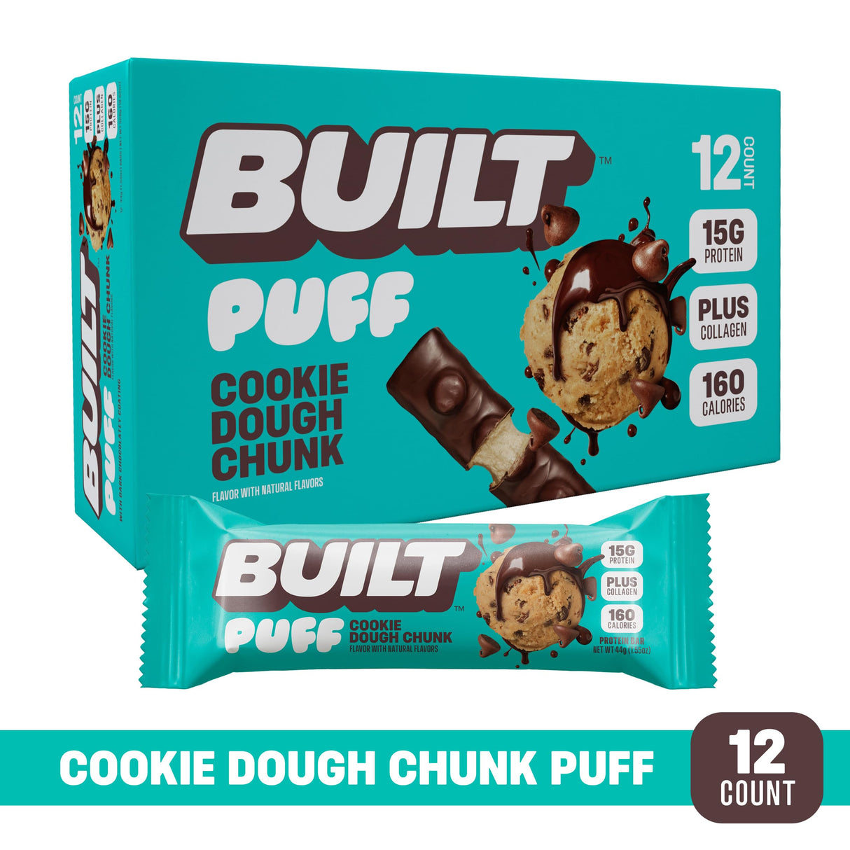 Built Bar, Puff Protein Bars, Cookie Dough Chunk Puff, 15g Protein Snacks, On-The-Go Bars, Only 160 Calories, 8g Sugar, Collagen, Not Gluten Free, 12 Count
