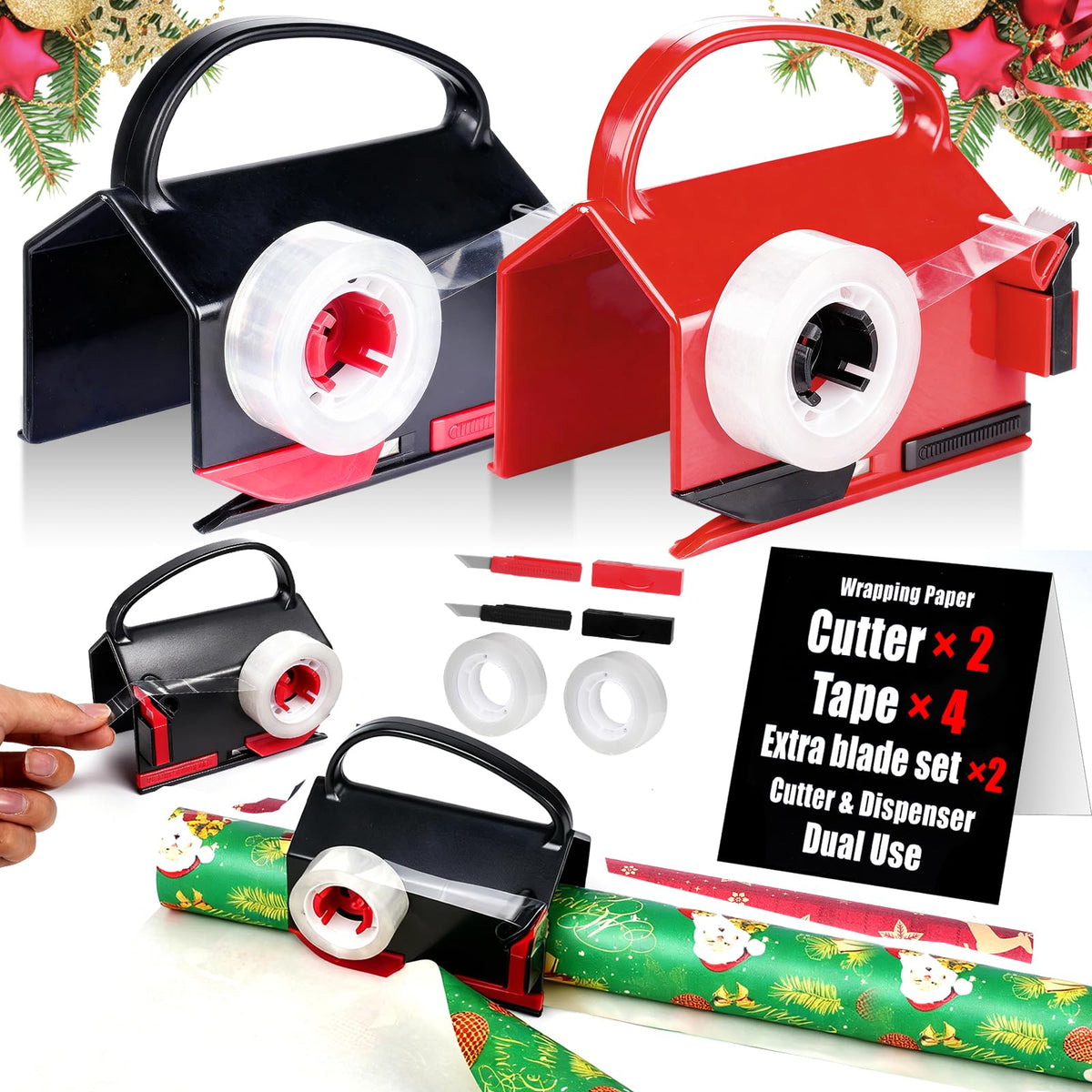 2-in-1 Wrapping Paper Cutter & Tape Dispenser, with 4 Tapes & 2 Blades 