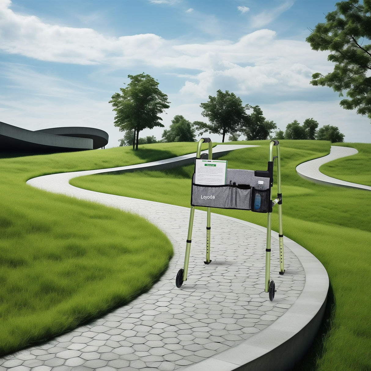 Loyoda Folding Walkers for Seniors,FSA/HSA Eligible Medical Walker with Storage Bag and Glide Skis 5'' Front Wheel Lightweight Walker Height Adjustable Aluminum Standard Walker for Disabled (Green)