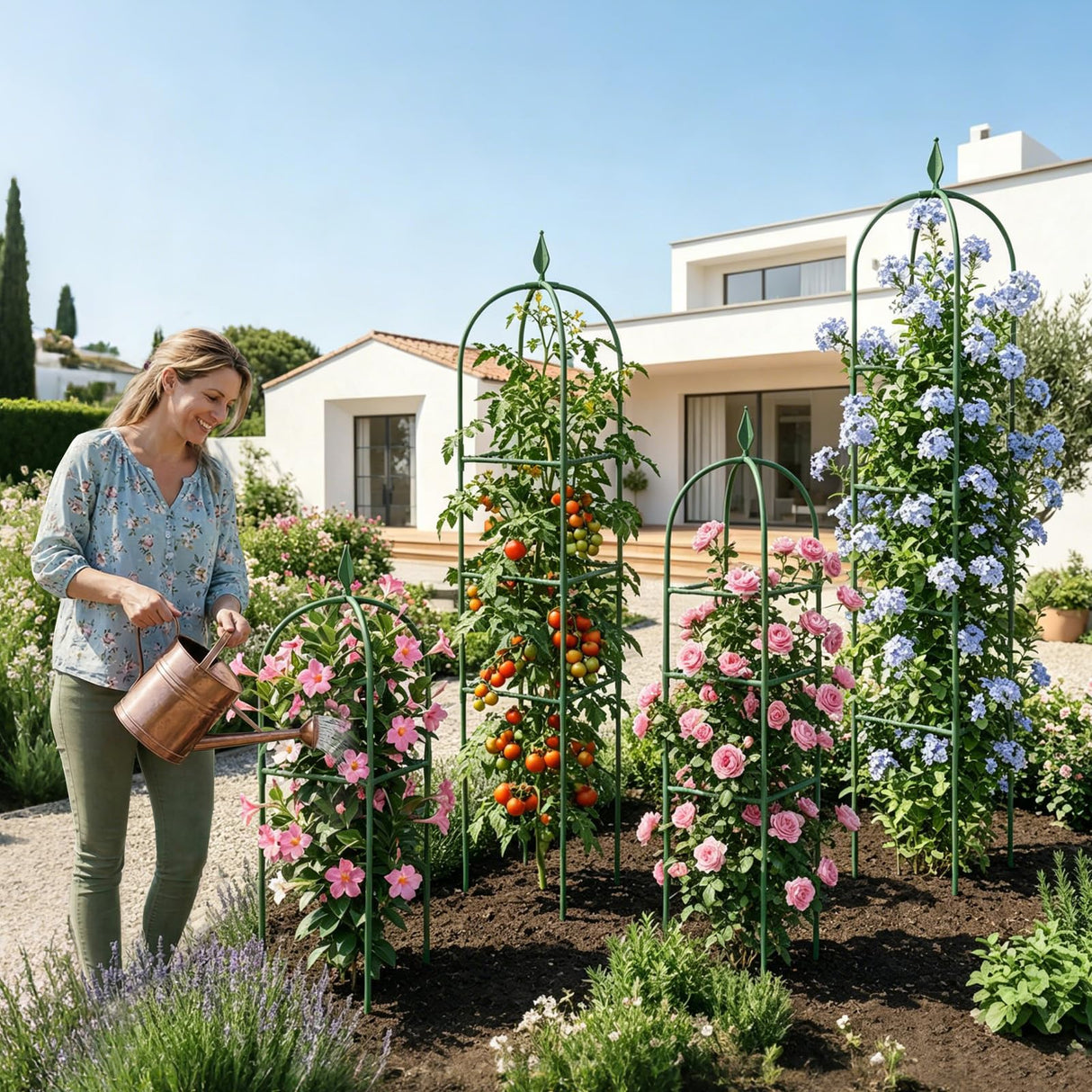 2 Pack Garden Obelisk Trellis for Climbing Plants, 6 FT Metal Rustproof Plant Support Rose Trellis, Tower Potted Cages for Flowers Fruits Vegetable Vines Indoor & Outdoor, Green(4 Tiers)