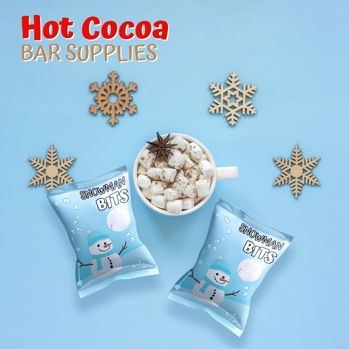 4E's Novelty 50 Packs "Snowman Bits" Mini Marshmallow Packets, Vanilla Flavored, 14 Marshmallows in Each Bag, Bulk Individually Wrapped Christmas Marshmallows For Hot Chocolate Bar Supplies Party Treats