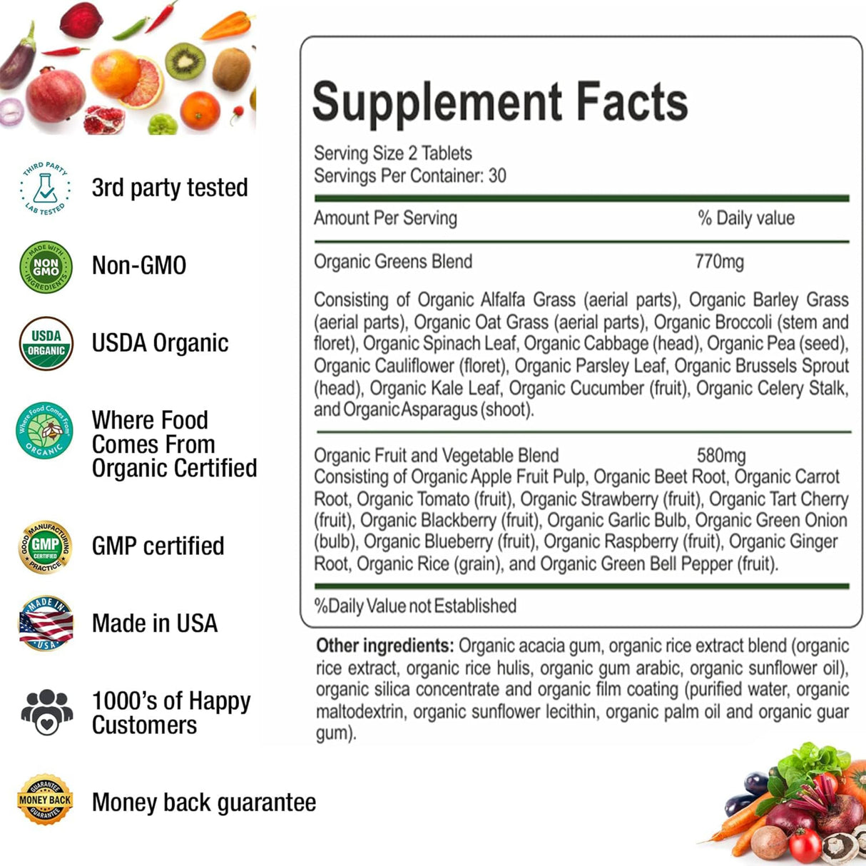 AAMATEC LIFE Organic Superfood Greens Fruits and Veggies Complex - Dietary Supplement with 14 Greens &14 Vegetables with Alfalfa Rich in Antioxidants Organic Ingredients Non-GMO (120 Count Pack of 2)