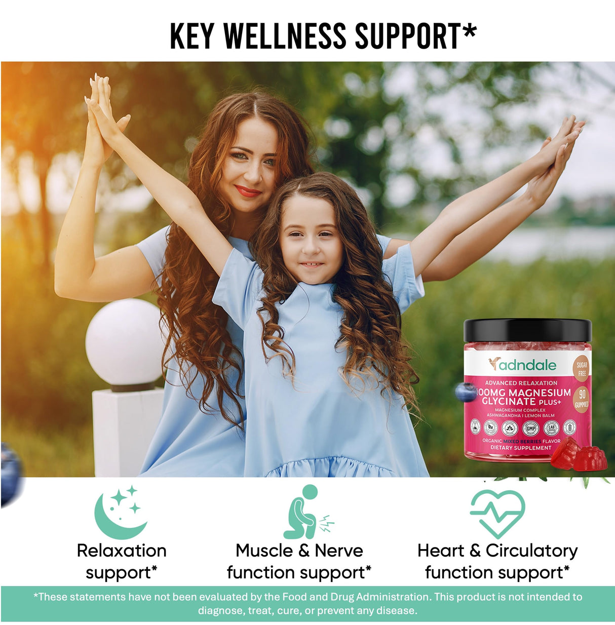 Adndale 90 CT Magnesium Glycinate 400 mg Gummies with Ashwagandha, Magnesium Malate & Taurate, Sugar Free Magnesium Gummies for Adults & Kids.
