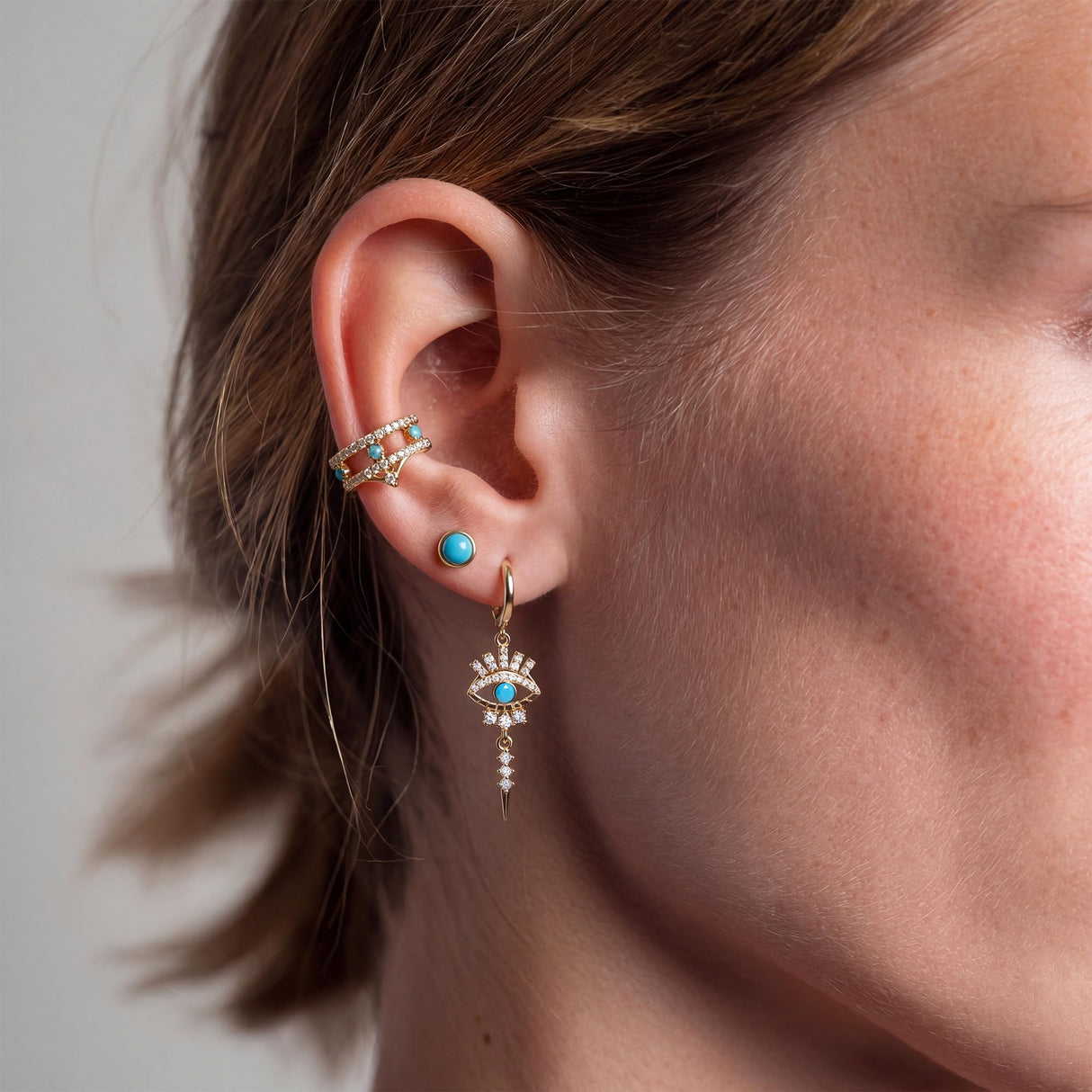 MYEARS Women Evil Eye Earrings Gold Huggie Hoop Link Spike Dangle Drop Turquoise Cubic Zirconia 14K Gold Plated Small Simple Hypoallergenic Everyday Protection Jewelry 1
