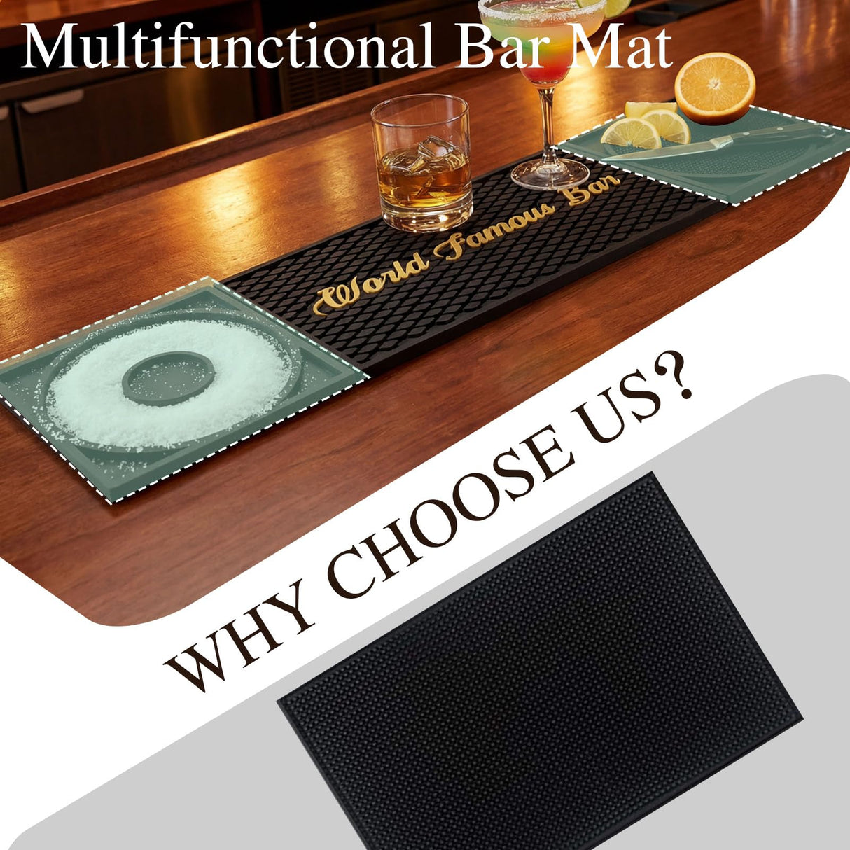 Bar Mat 3-in-1 Non-Slip Bartender Mat, Bar Accessories Countertop Mat 24 x 6 Inch with Spill Catching Surface, Bar Drip Mat for Home, Outdoor & RV Bar Setupļ¼Blackļ¼