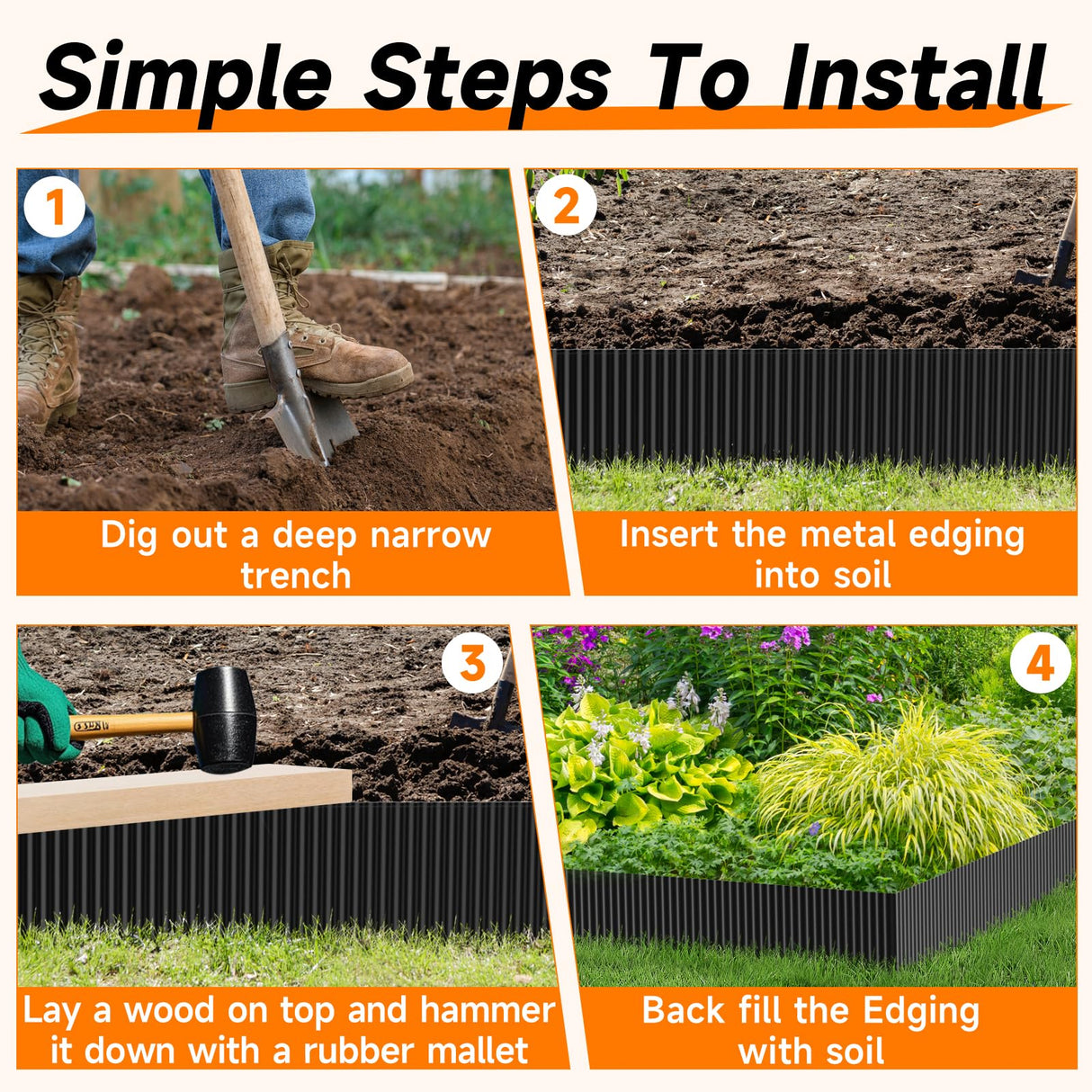 Corrugated Garden Edging,12"×20Ft Galvanized Steel Landscape Edging & Lawn Edging Border,Metal Garden Border for Flower Beds,Garden,Lawn,Raised Beds & Tree Surrounds(Black)