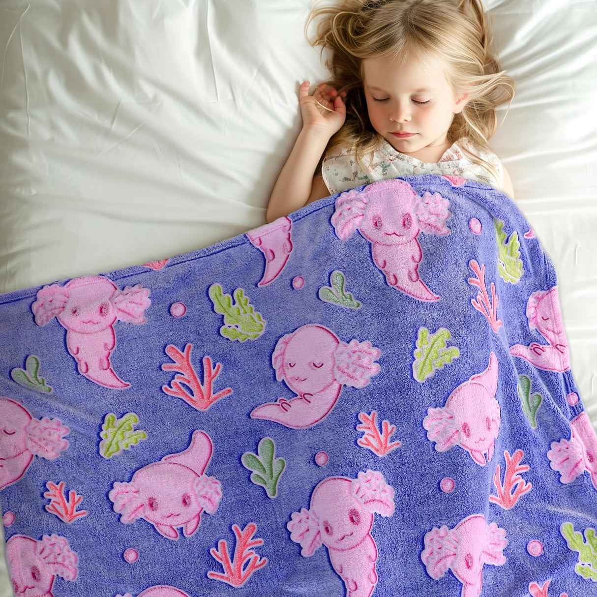 Axolotl Blanket for Girls - Axolotl Gifts Toys for 2 3 4 5 6 7 8 9 10 Year Old Girls Boys - Glow in The Dark Salamander Blanket Christmas Birthday Presents for Toddlers Teens Couch Bed 50"x 60"