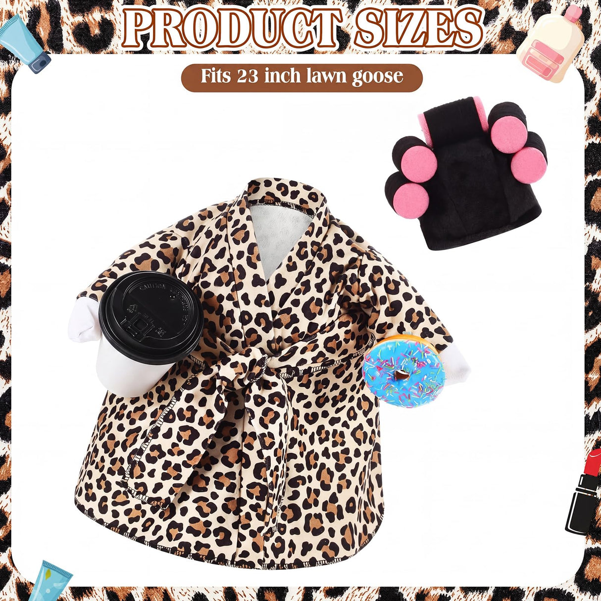 Shyyween Lady Porch Goose Outfit Leopard Print Bathrobe Goose Clothes with Curlers Coffee Cup for 23 Inch Cement/ Plastic Statue Outdoor Garden Yard Lawn Decoration