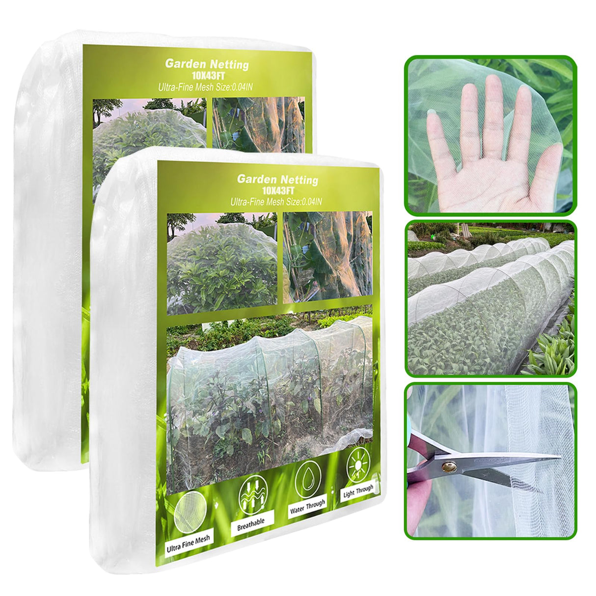 2 Pack 10X43FT Garden Netting for Raised Beds, Ultra Fine Insect Netting for Vegetable Flowers Fruits Greenhouse Crops, Garden Mesh Plant Cover Row Cover Barrier Protection Net for Birds