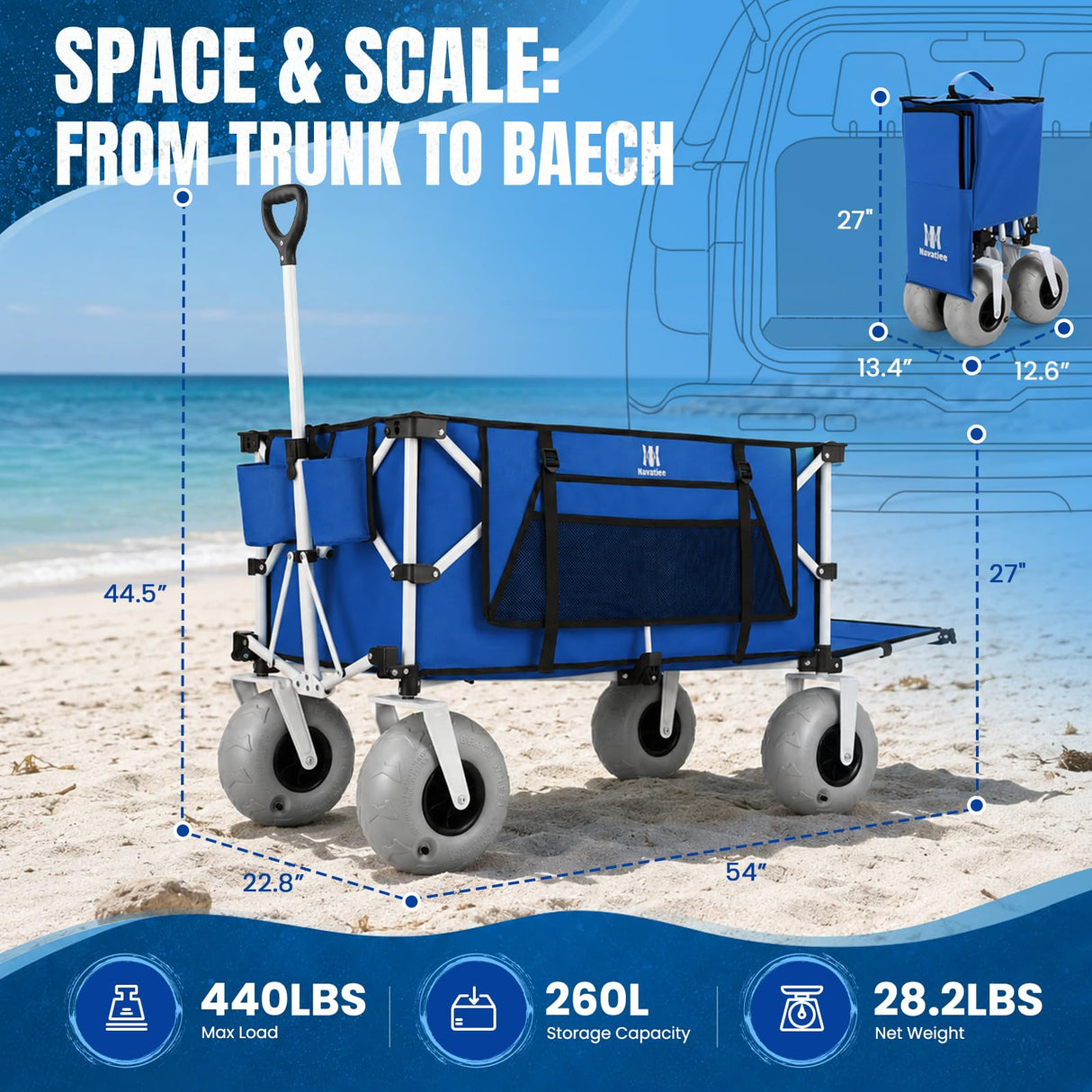Navatiee 260L Beach Wagon with Extended Tailgate, 440lbs Heavy Duty Beach Cart with 9” Big Balloon Wheels for Sand, Collapsible Folding Wagon with Side Pocket for Outdoor, Blue