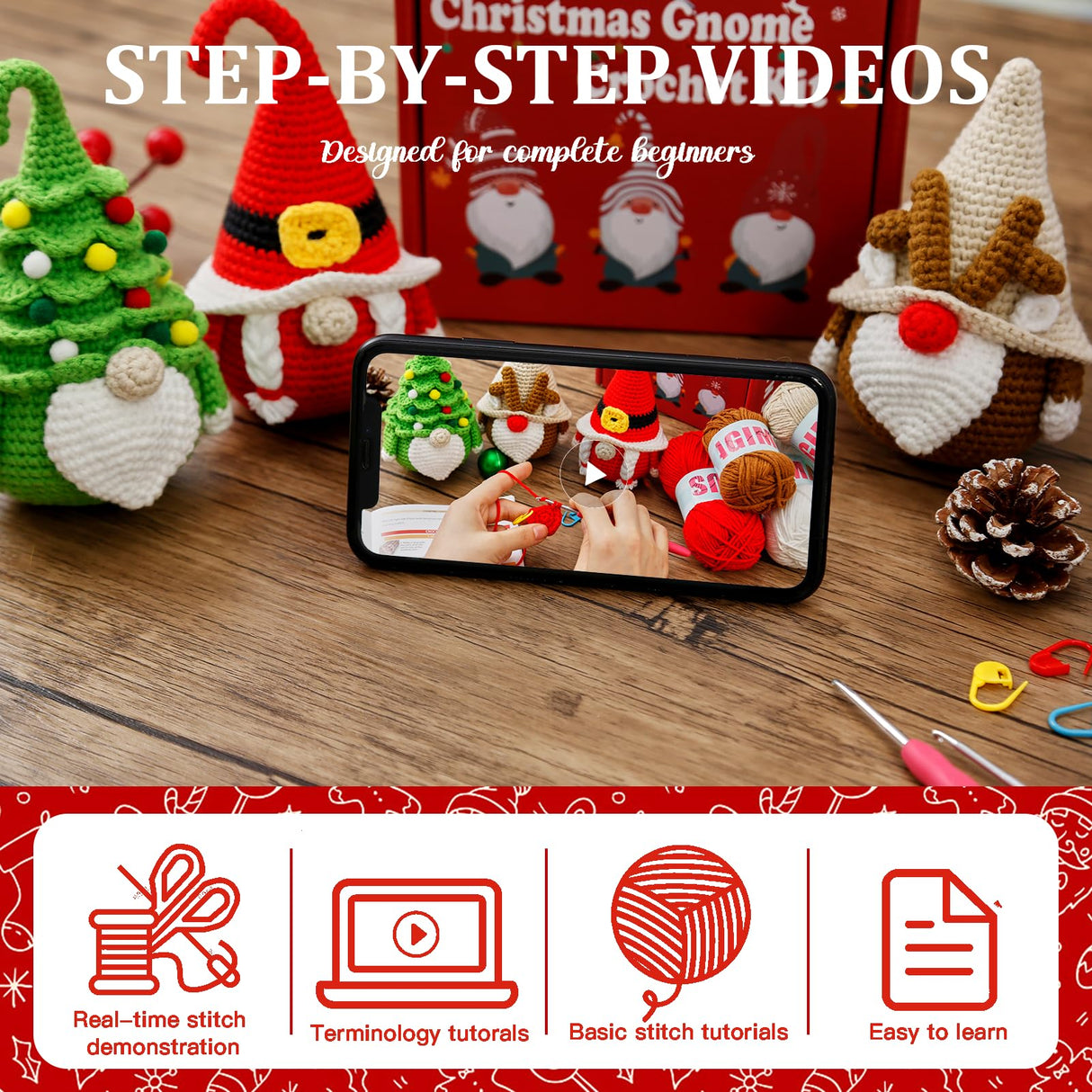MAGIMUSE Christmas Crochet Kit for Beginners, Crochet Starter Kits for Adults Amigurumi Craft Knitting Crochet Animals Kits with Step-by-Step Video Tutorials, 3 Pack Gnome (40%+ Yarn)