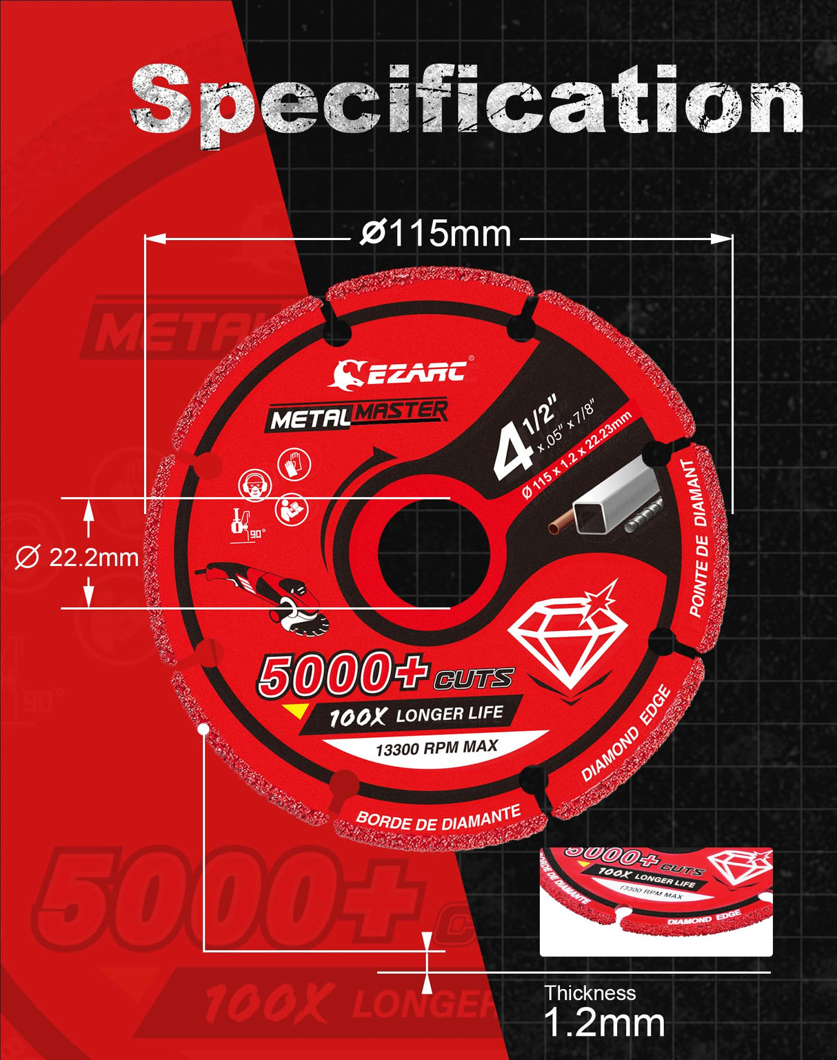 EZARC Diamond Cutting Wheel 4 1/2 x 7/8 Inch for Metal, Cut Off Wheel with 5000+ Cuts on Rebar, Steel, Iron and INOX, 2 Pack