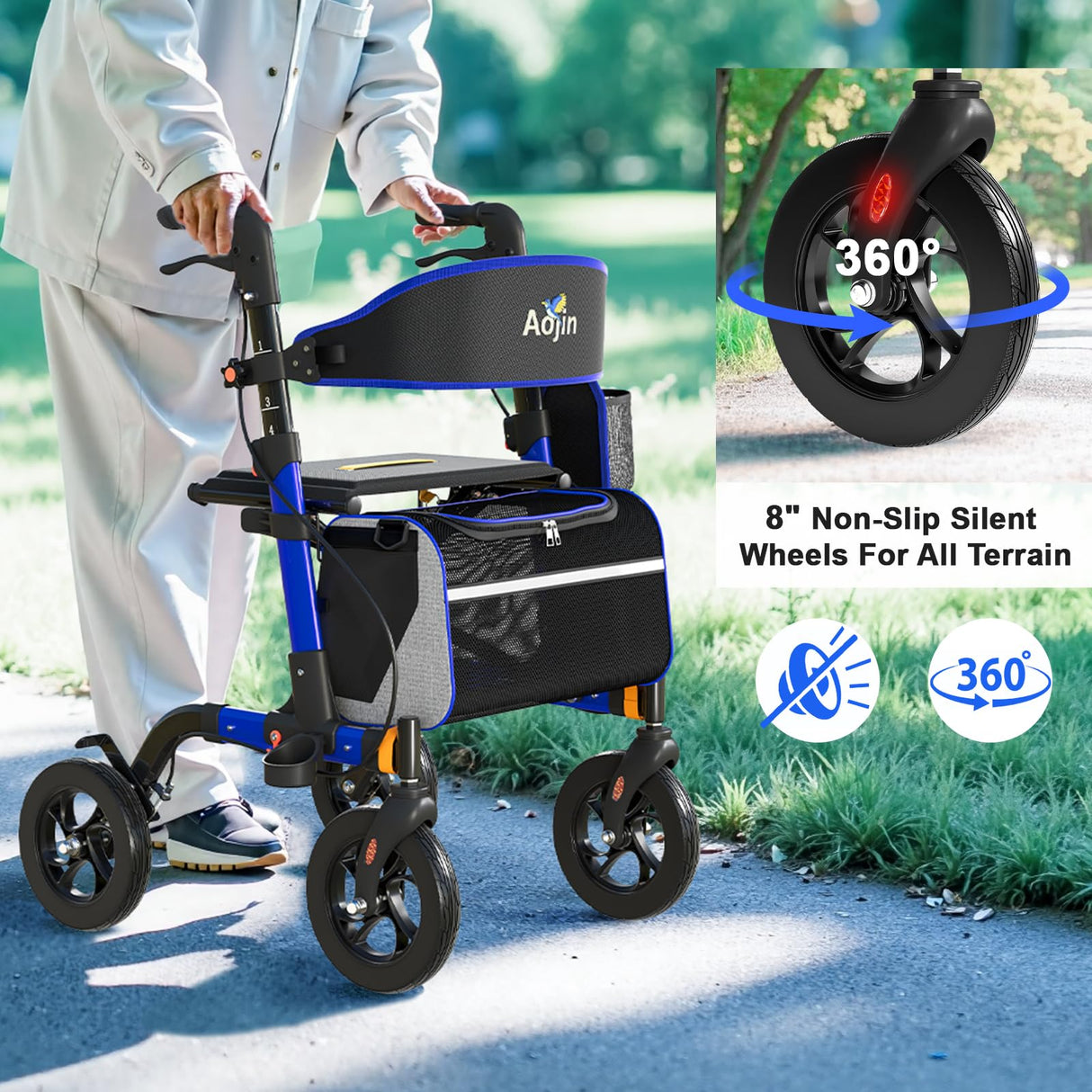 Walkers for Seniors, Rollator Walker with Seat, 350 lb Weight Capacity, 18" Big Seat, 8" All-Terrain Wheels, 6-Level Adjustable Height, Lightweight Aluminum Frame Rollator Walkers for Seniors (Blue)