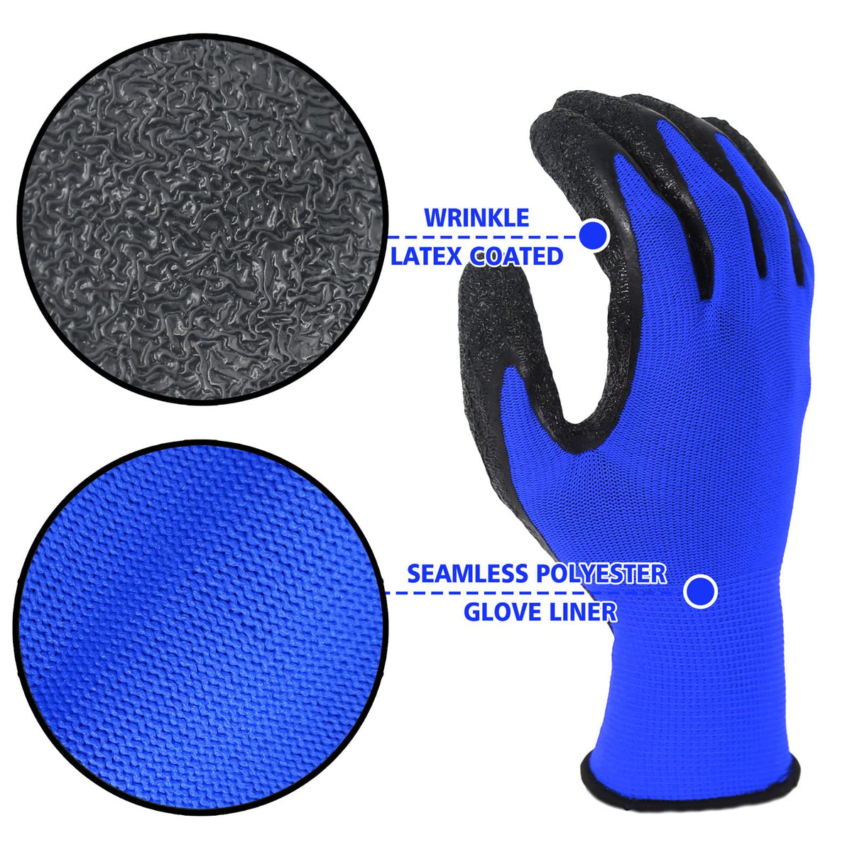 Evridwear Crinkle Latex Rubber Hand Coated Safety Work Gloves for Men Women General Multi Use Construction Warehouse Gardening Assembly Landscaping (Medium,Blue- 12Pair)