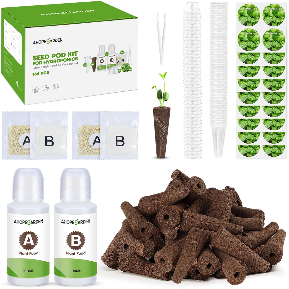 Ahopegarden 166PCS Hydroponic Pods Herb Kit: Grow Anything Kit With 600ml A&B Plant Food, 40 Grow Sponges, 40 Baskets, 40 Domes, 40 Labels, 1 Tweezer - Hydroponics Supplies for Aerogarden & Most Brand