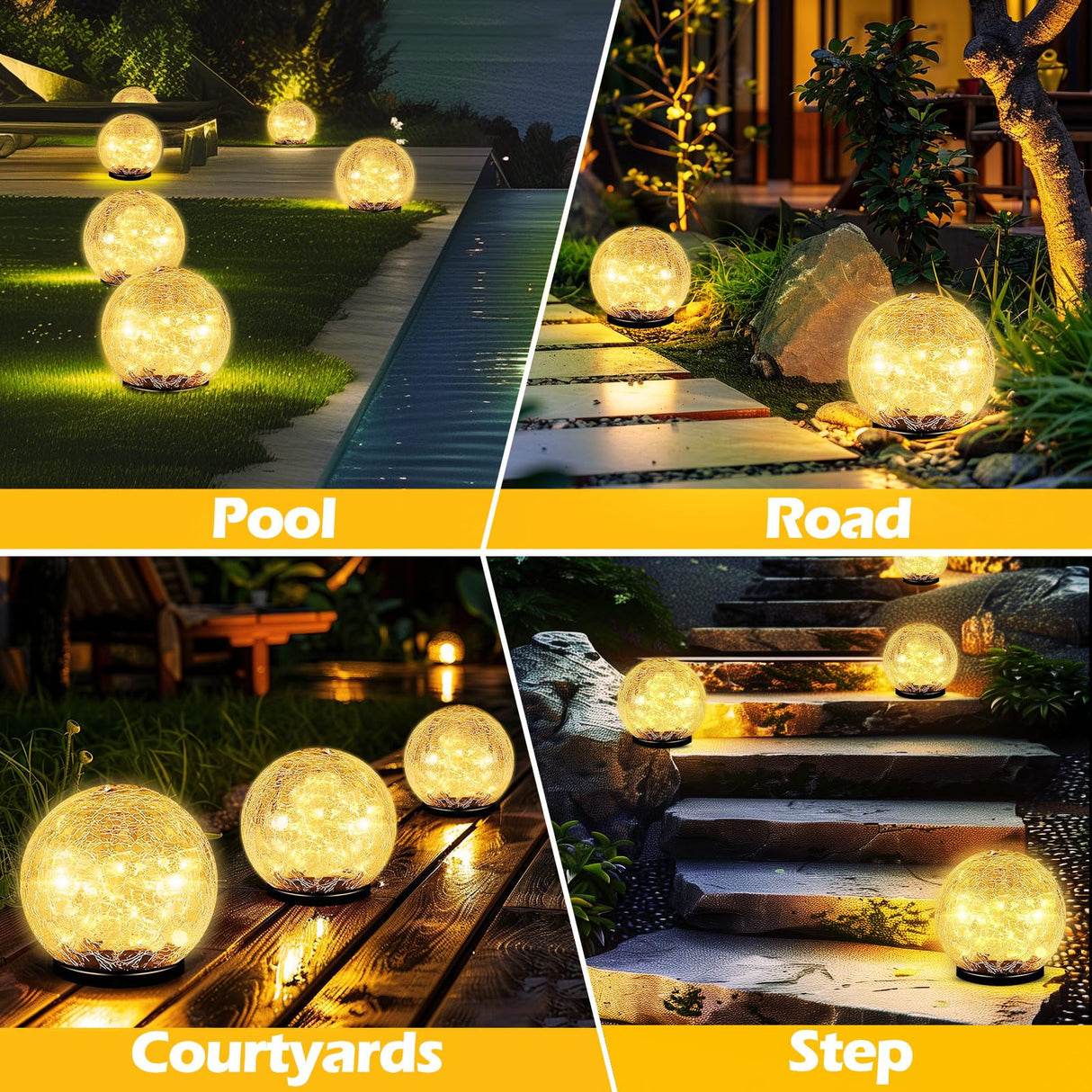 Garden Solar Ball Lights Outdoor Waterproof, 50 LED Cracked Glass Globe Solar Power Ground Lights for Path Yard Patio Lawn, Christmas Decoration Landscape Warm White(2 Pack 4.7'')