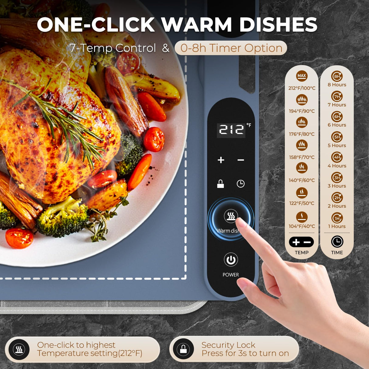 Homelove Warming Mat for Food - Fast Full Surface Electric Warming Tray with 7 Temp-Settings & 8H Timer, Portable Roll Up Food Warmer with Heat Insulation Pad for Gatherings Parties Buffet XL-Navy