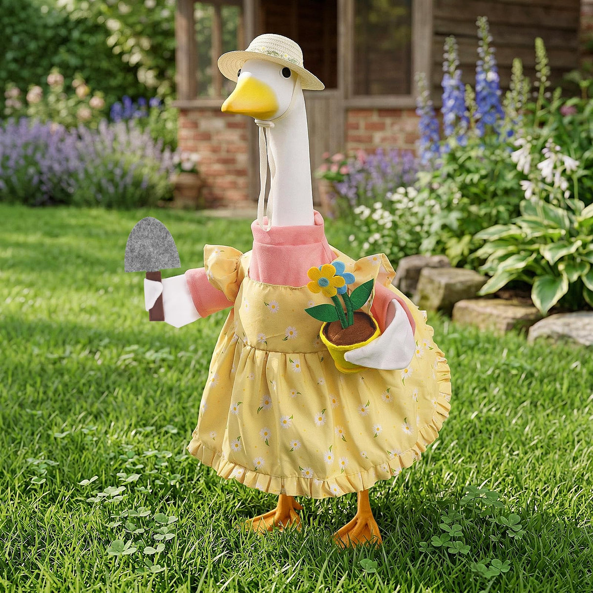 Erythem Gardener Porch Goose Outfits, Cute Spring Porch Goose Clothes with Straw Hat, Shovel & Flower Pot Fits 23" Cement Plastic Geese Statue for Outdoor Garden Yard Decor