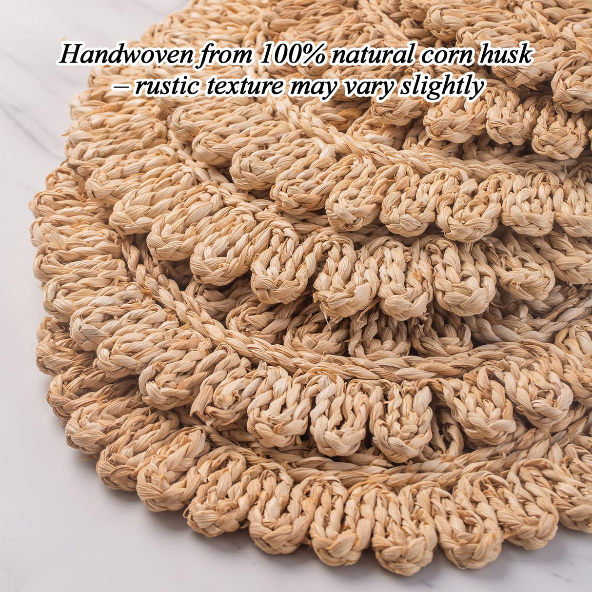 Laquedecraft 13.8" Round Corn Husk Placemats Set of 4 | Boho Rattan Woven Table Mats | Farmhouse Spring Plate Chargers Like Water Hyacinth, Seagrass for Wedding, Party, Christmas, Events