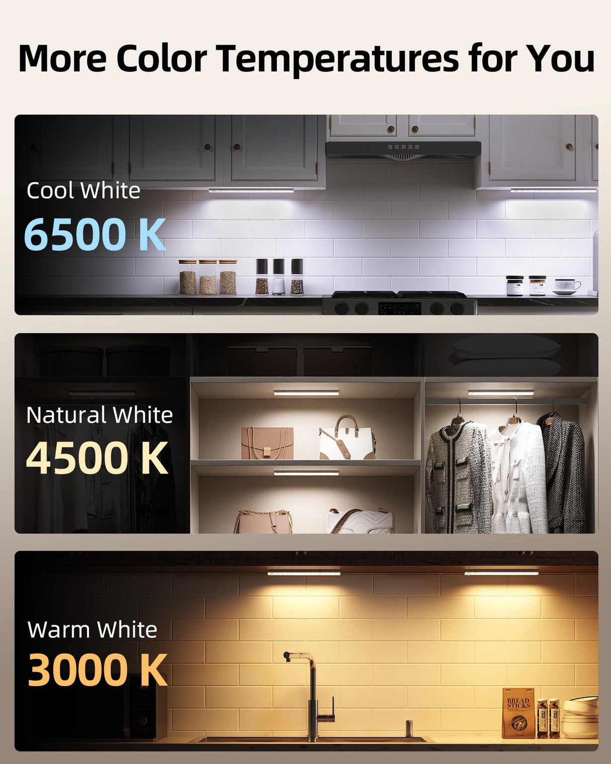 EZVALO 6-Pack Under Cabinet Lighting with Charging Station, 2000mAh Rechargeable Wireless Motion Sensor Lights, 3 Color Temps, Dimmable, Timer, Magnetic, with Remote Control for Kitchen, Closet, Stair