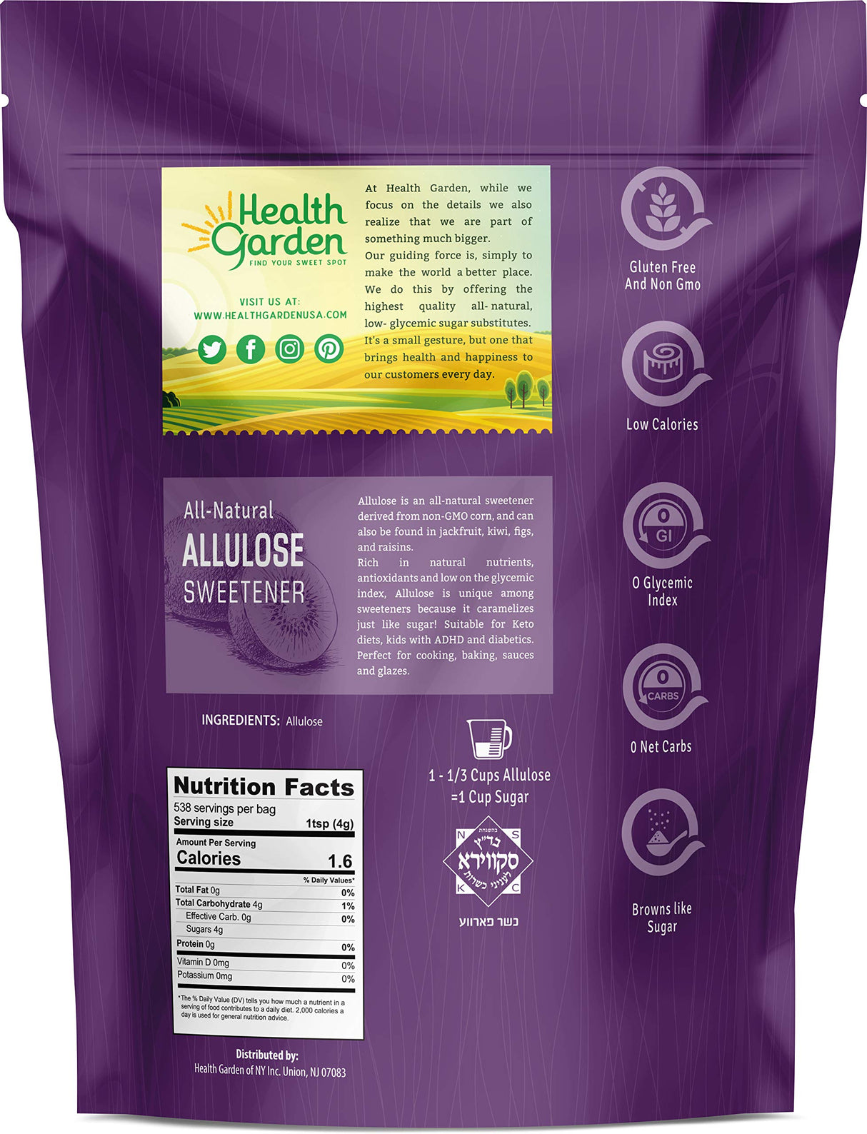 Health Garden Allulose Sweetener - Gluten and Sugar Free - Zero Net Carb - Non GMO - Kosher - Keto Friendly (4.75 LB)