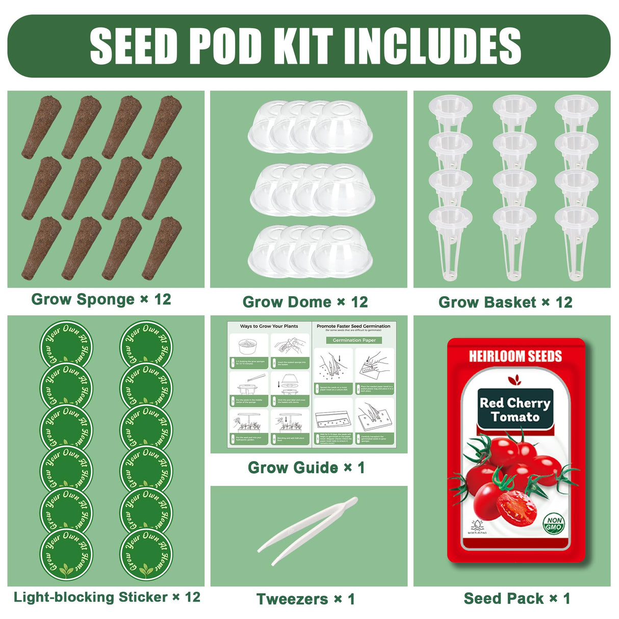 Cherry Tomato Seed Pods Kit for Hydroponics, 12 Pods Grow Anything Kit for Indoor Hydroponics Growing System, Hydroponics Supplies with 12 Grow Sponges, 12 Plant Baskets, 12 Pod Domes and Labels