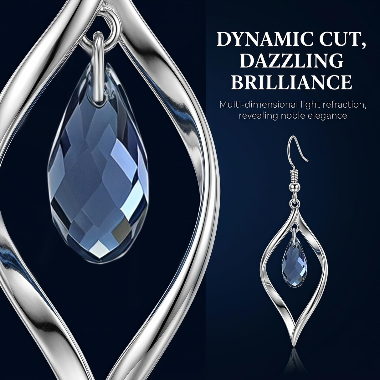 Silver Drod Dangle Earrings with Sapphire Teardrop Crystal for Women