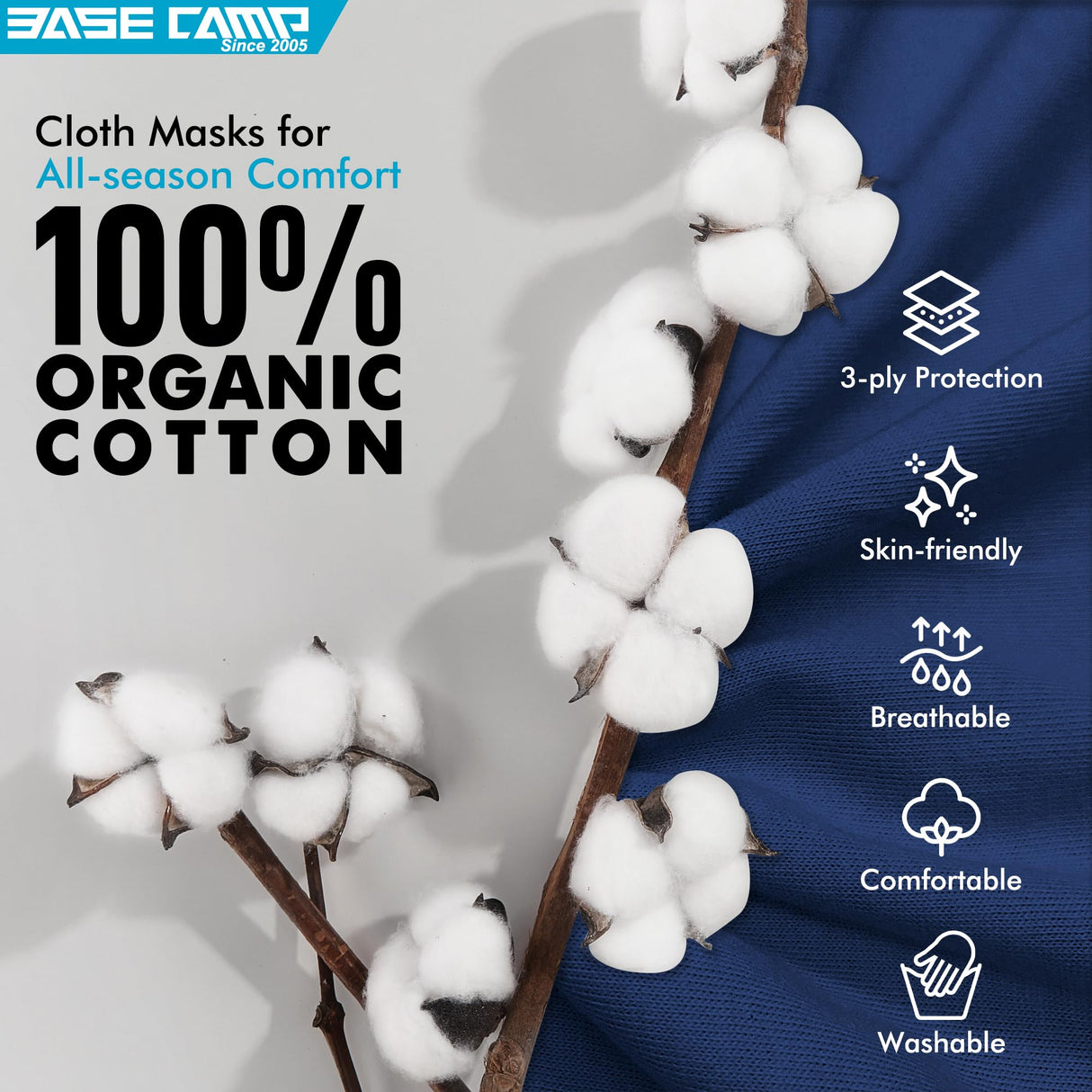 BASE CAMP Reusable Cloth Dust Face Masks 100% Cotton Washable Adjustable Breathable Fabric Mask with Filter Pocket, 3 Pack, Black